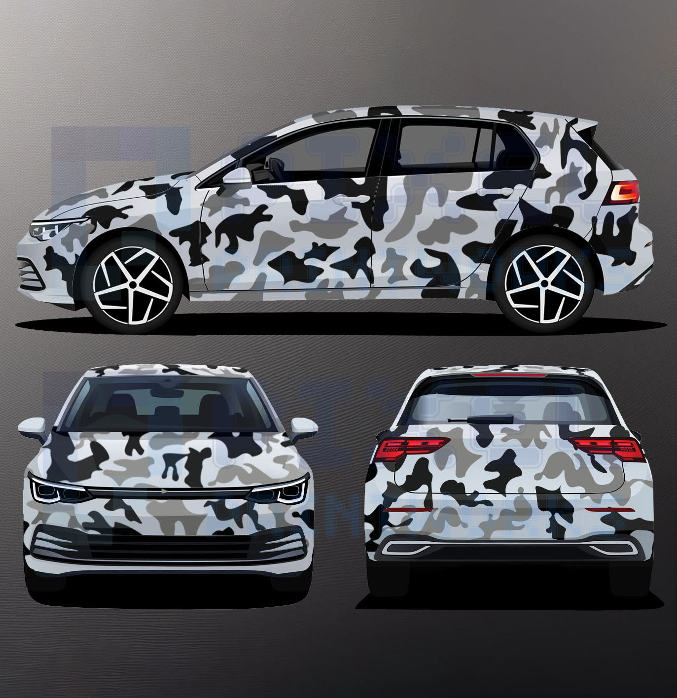 Universal camouflage vinyl graphics kit applied to a white hatchback car showing classic grey, black and white camo pattern across side, front and rear views by Pixel Printworks