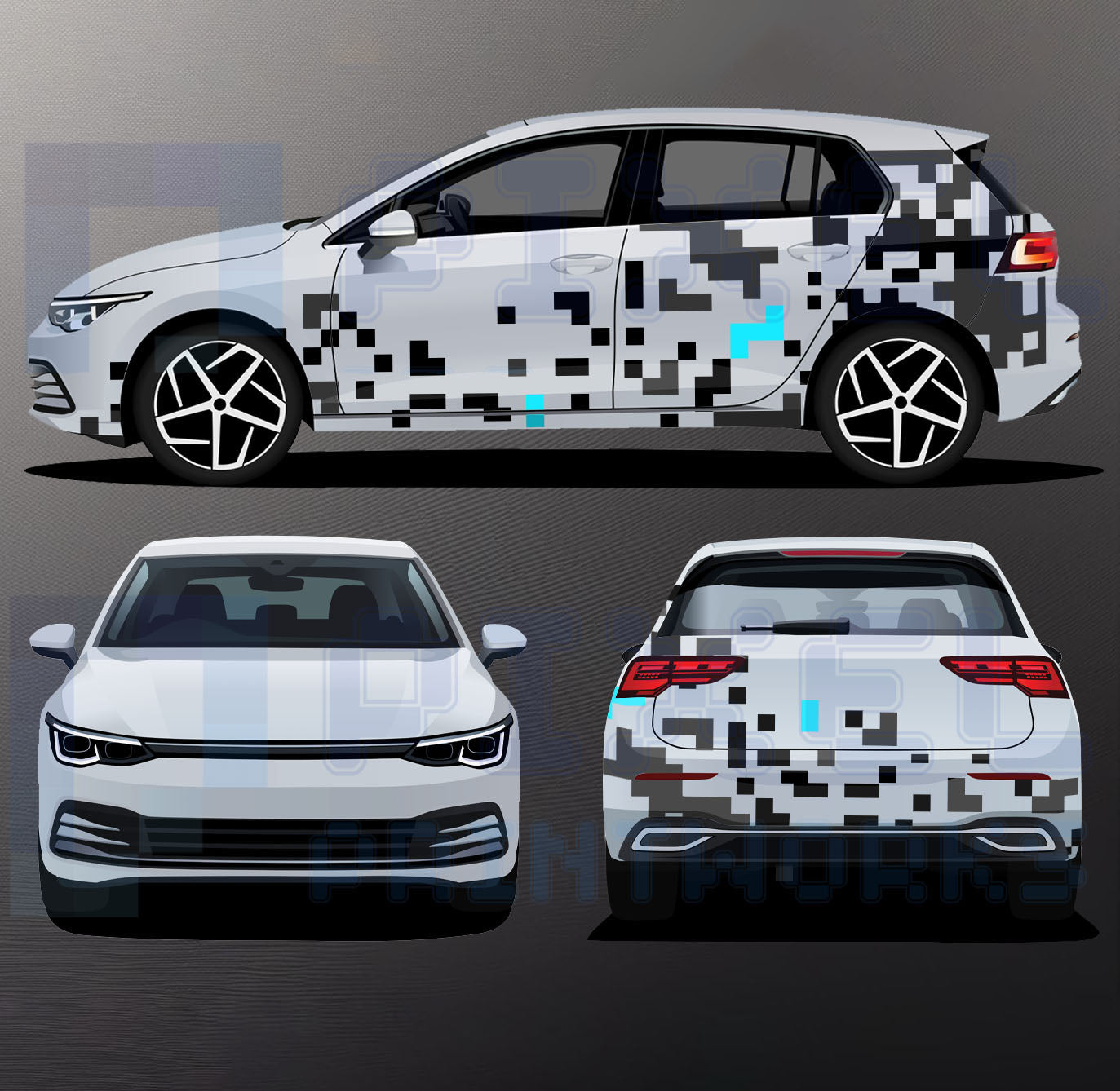 Universal pixelated vinyl graphics kit applied to a white hatchback car showing digital camo side, front and rear views by Pixel Printworks