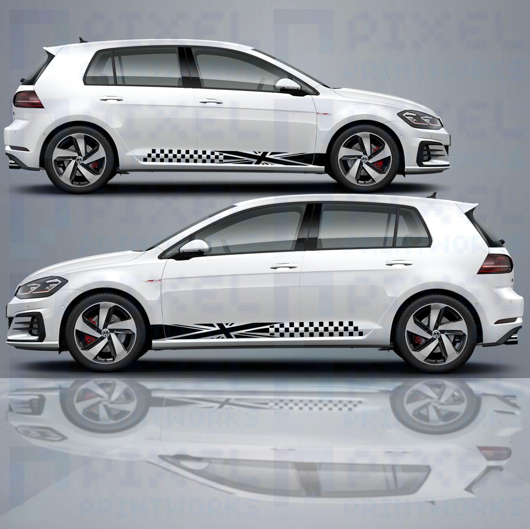 VW Golf MK7 with chequered Union Jack side stripe vinyl decals fitted along side panels