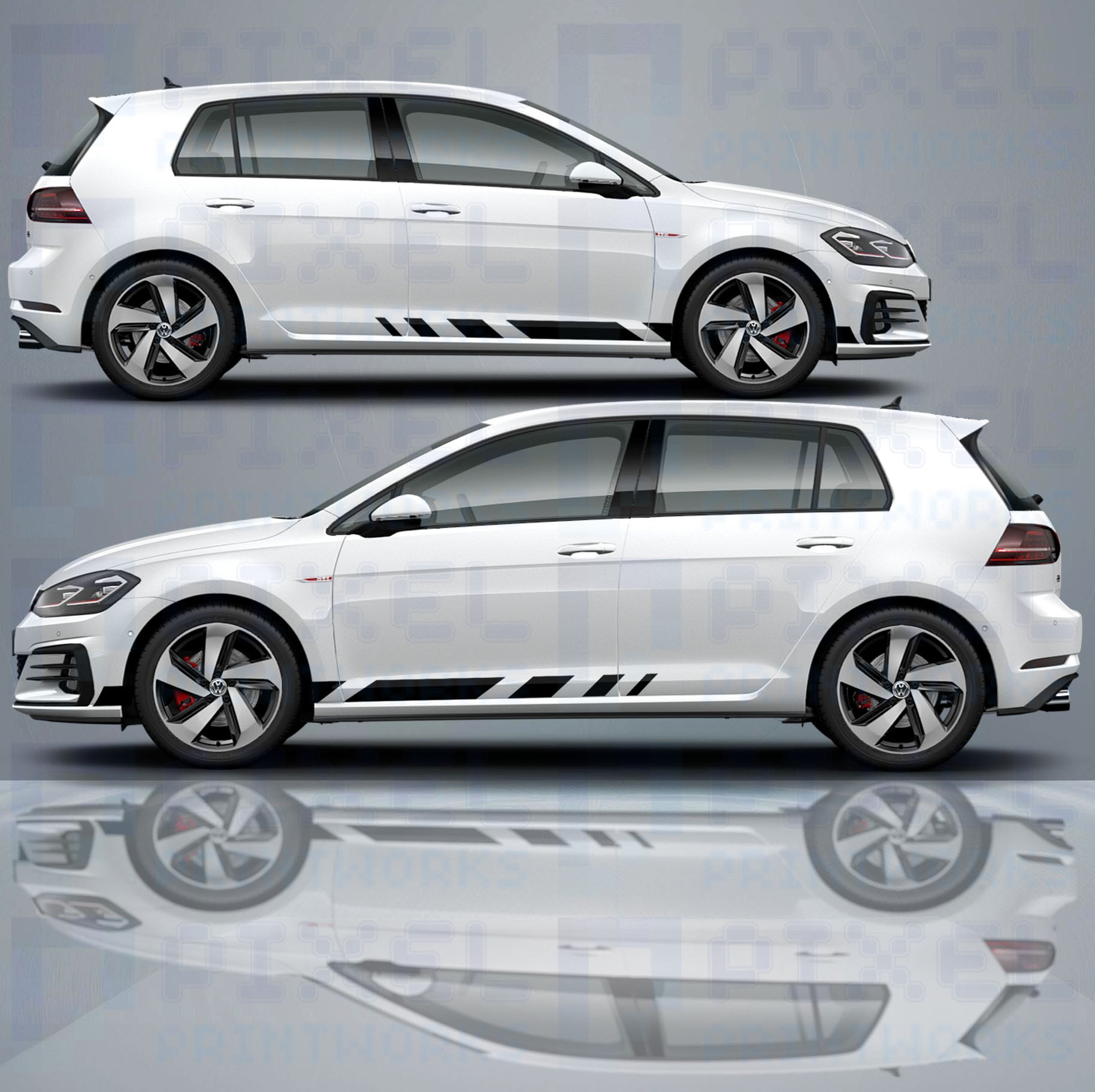 VW Golf MK6 with half-length staggered vinyl side stripe decals on door panel