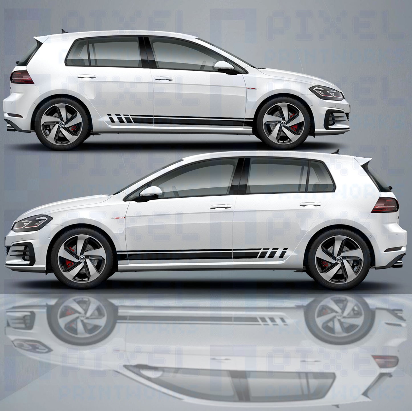 VW Golf MK7 with full-length staggered vinyl side stripe decals along lower body panel