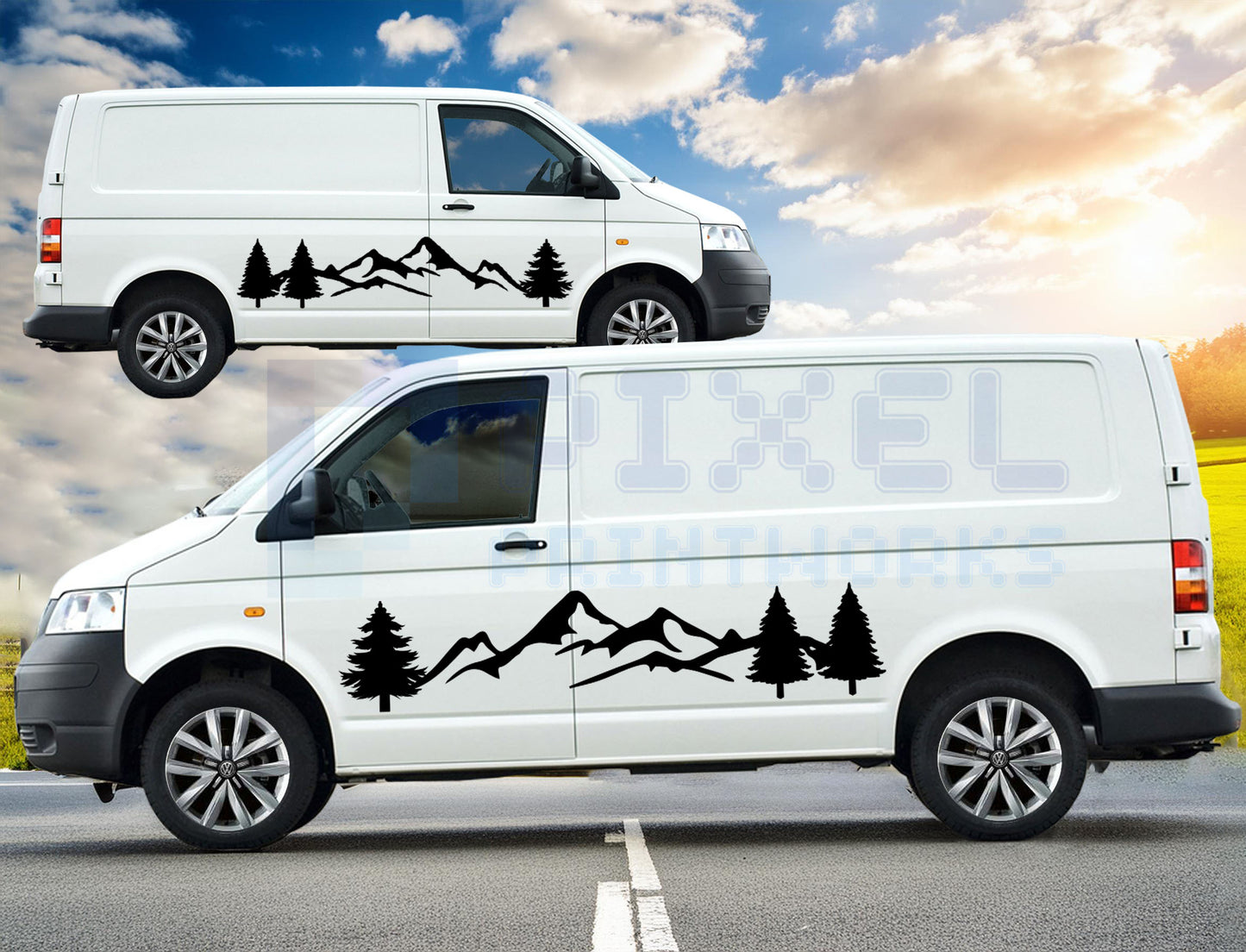 SWB Campervan Side Decals – Mountains & 3 Trees Vinyl Set (2pc)