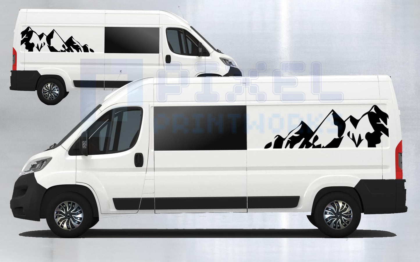 LWB Campervan Large Side Panel Mountain Decals – 2pc Scenic Vinyl Set