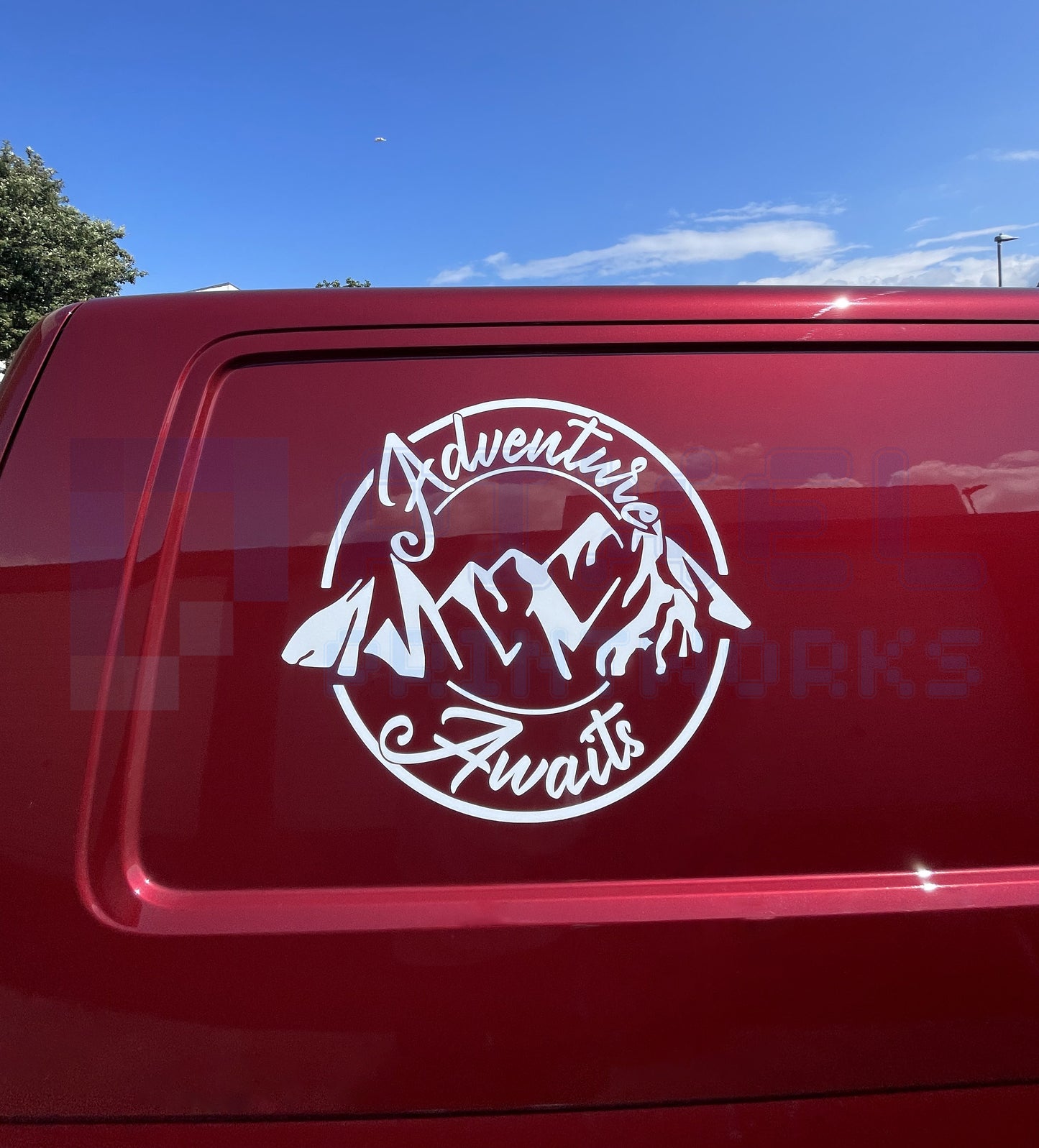 Adventure Awaits Script Mountain Decal – Vinyl Sticker for Campervans & Motorhomes | Pixel Printworks