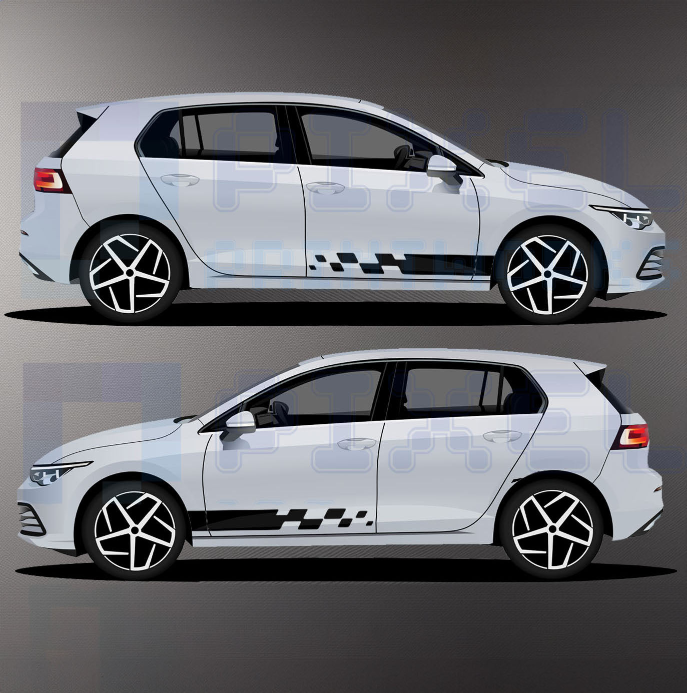 Half length stuttered side stripe vinyl decal applied to car side panel