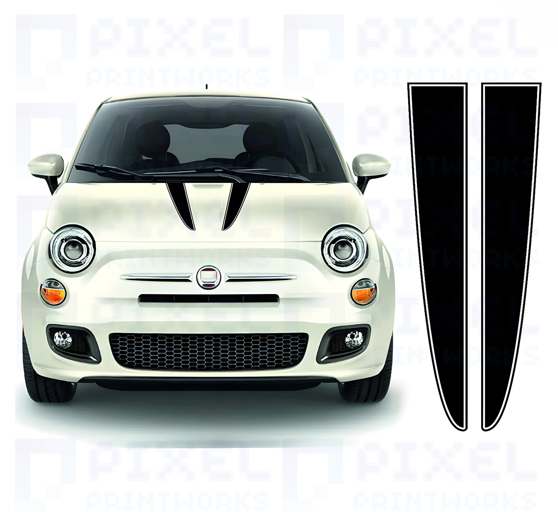 Twin bonnet stripe vinyl decals applied to Fiat 500 showing sporty racing styling on the front bonnet