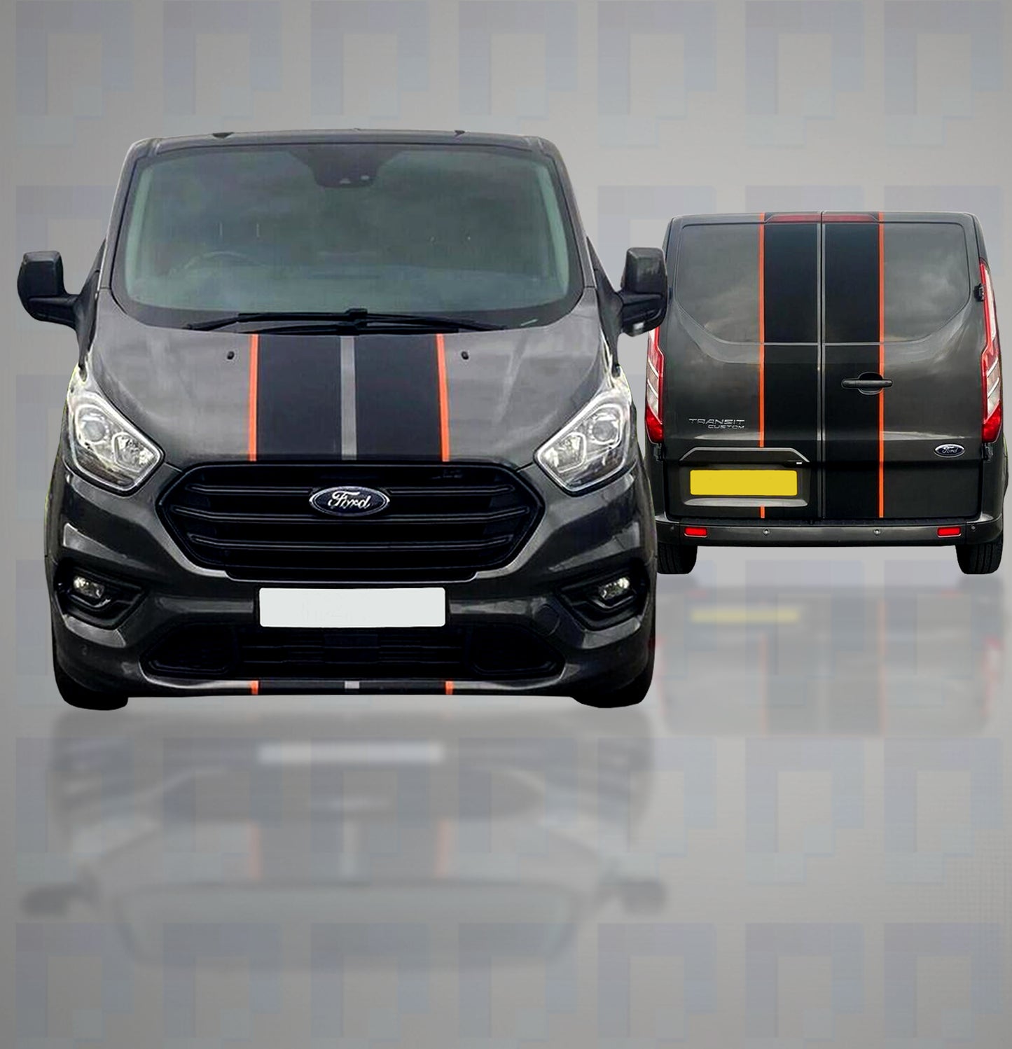 Ford Transit Custom with dual colour bonnet and rear door stripe decals – Pixel Printworks design