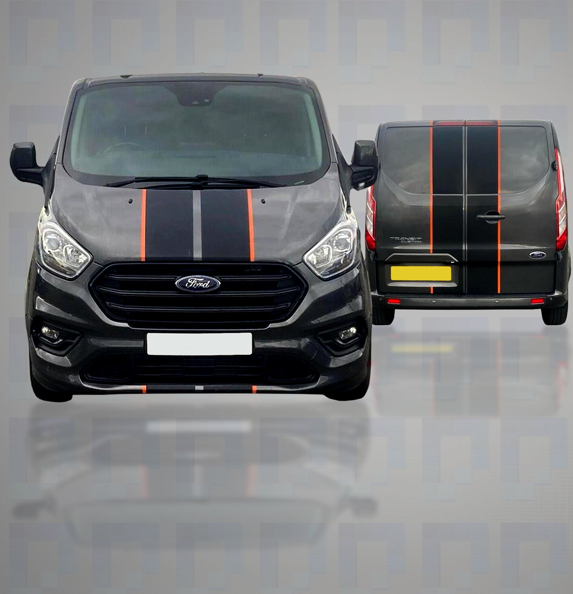 Ford Transit Custom with dual colour bonnet and rear door stripe decals – Pixel Printworks design
