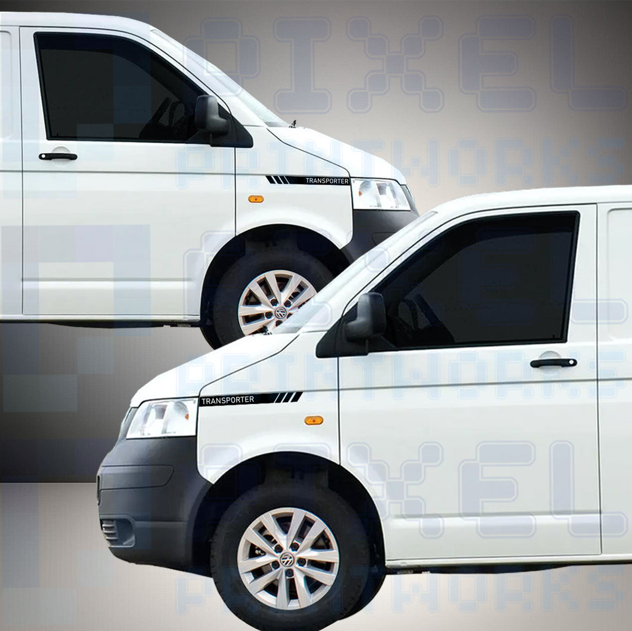 Front Wing Stripe Vinyl Decals with ‘Transporter’ Text for VW Transporter T5 & T6 – Pair by Pixel Printworks