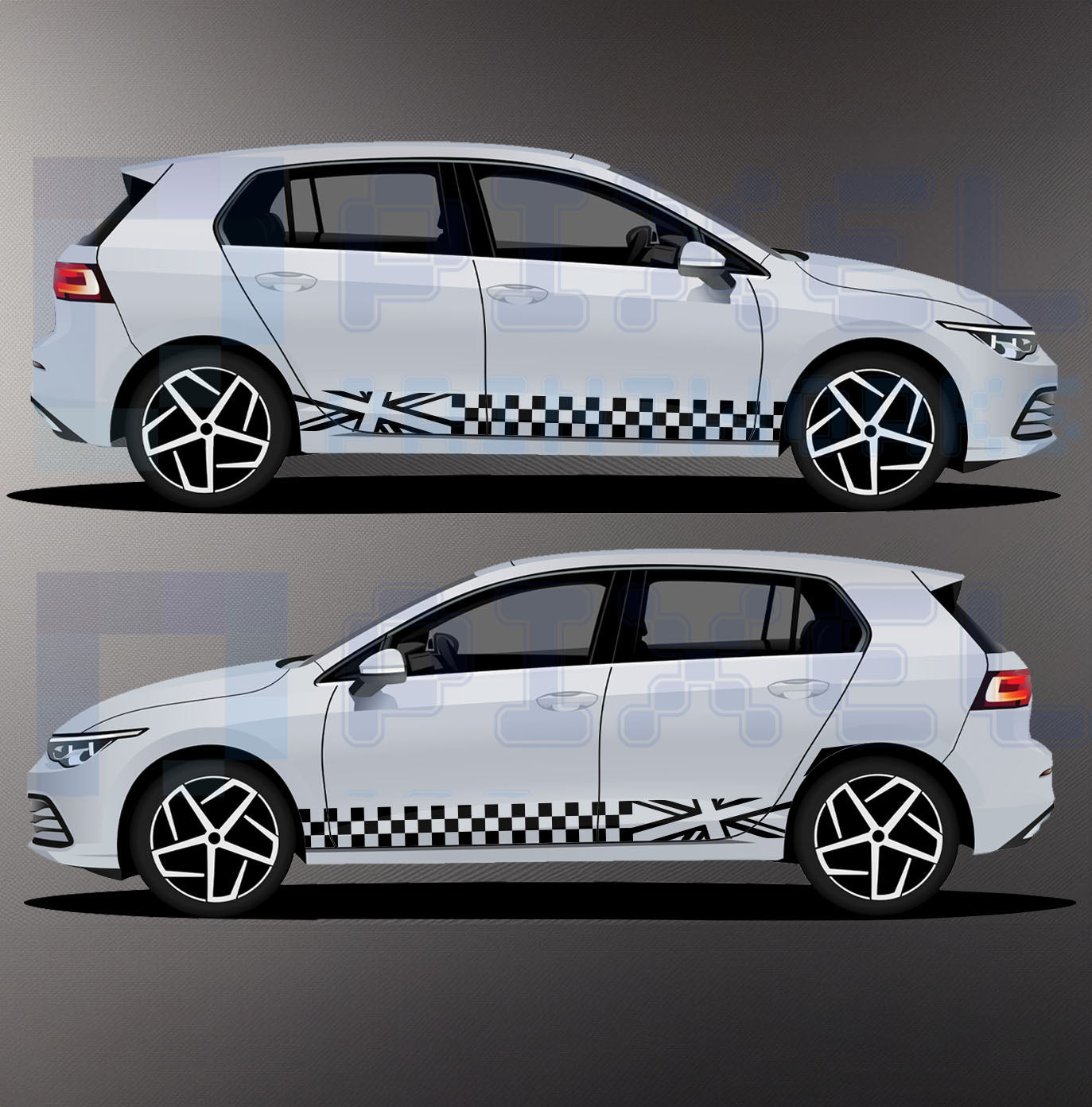 Flowing checkered to Union Jack side stripe vinyl decal fitted to car side panel