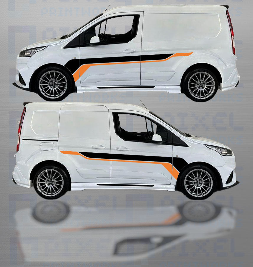 Two views of a white van with black and orange stripes on a reflective surface.