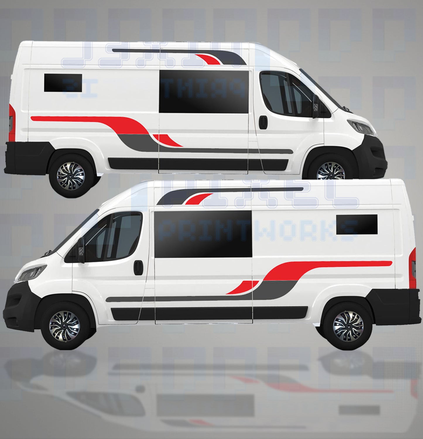 LWB camper van with red and black vinyl decal kit from Pixel Printworks applied on both sides