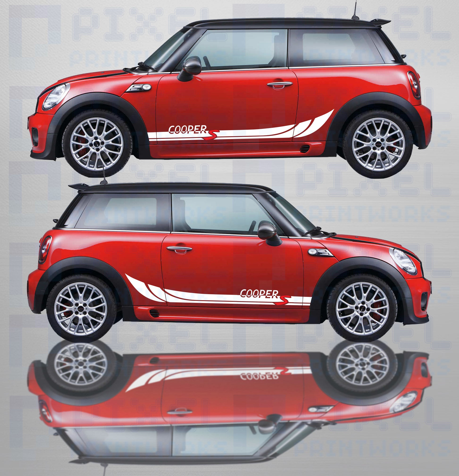 Mini Cooper S vinyl side stripe decals fitted showing sporty performance styling