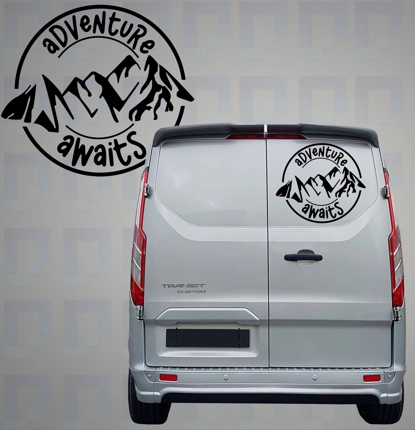 Adventure Awaits mountain decal on campervan rear door – vinyl sticker by Pixel Printworks