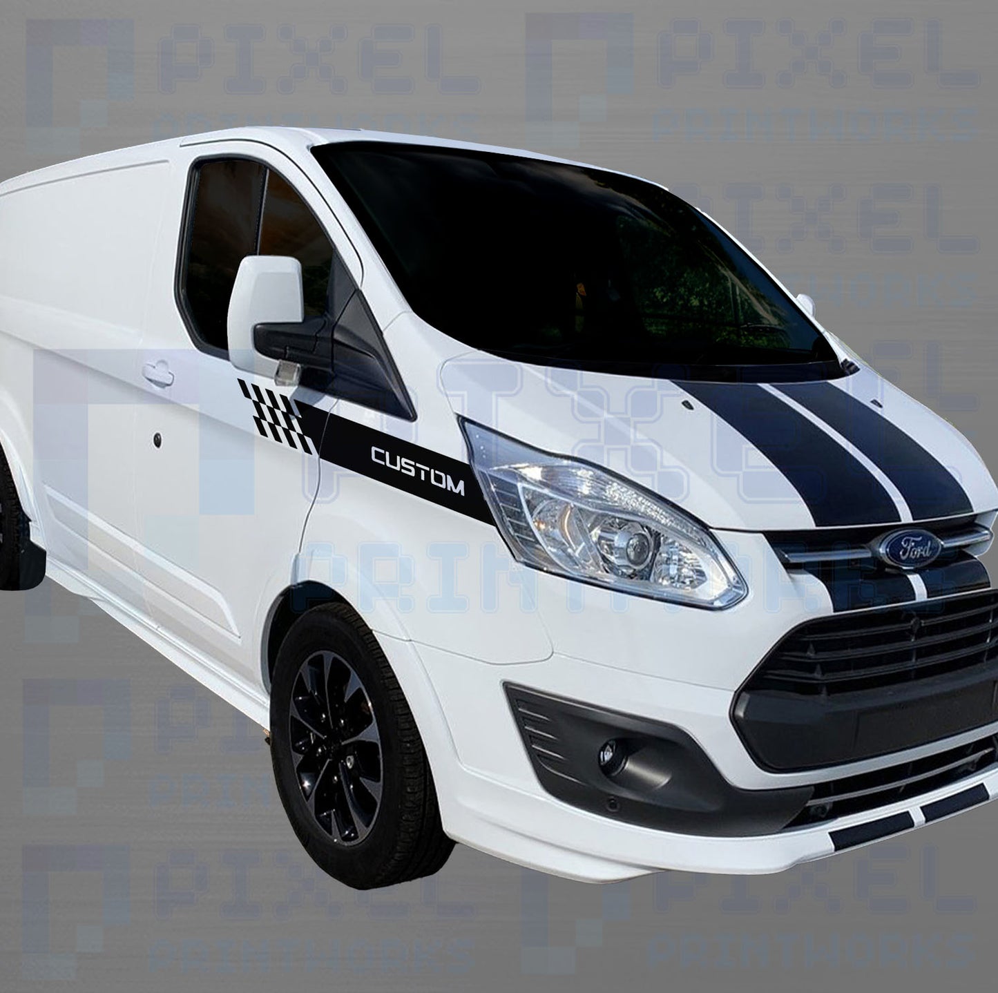 Ford Transit Custom Bonnet & Front Quarter Stripe Bundle with Checkers – Vinyl Decal Kit | Pixel Printworks