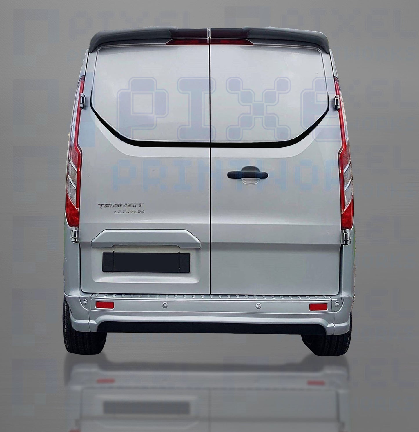 Back view of a silver van with visible branding on a gray background