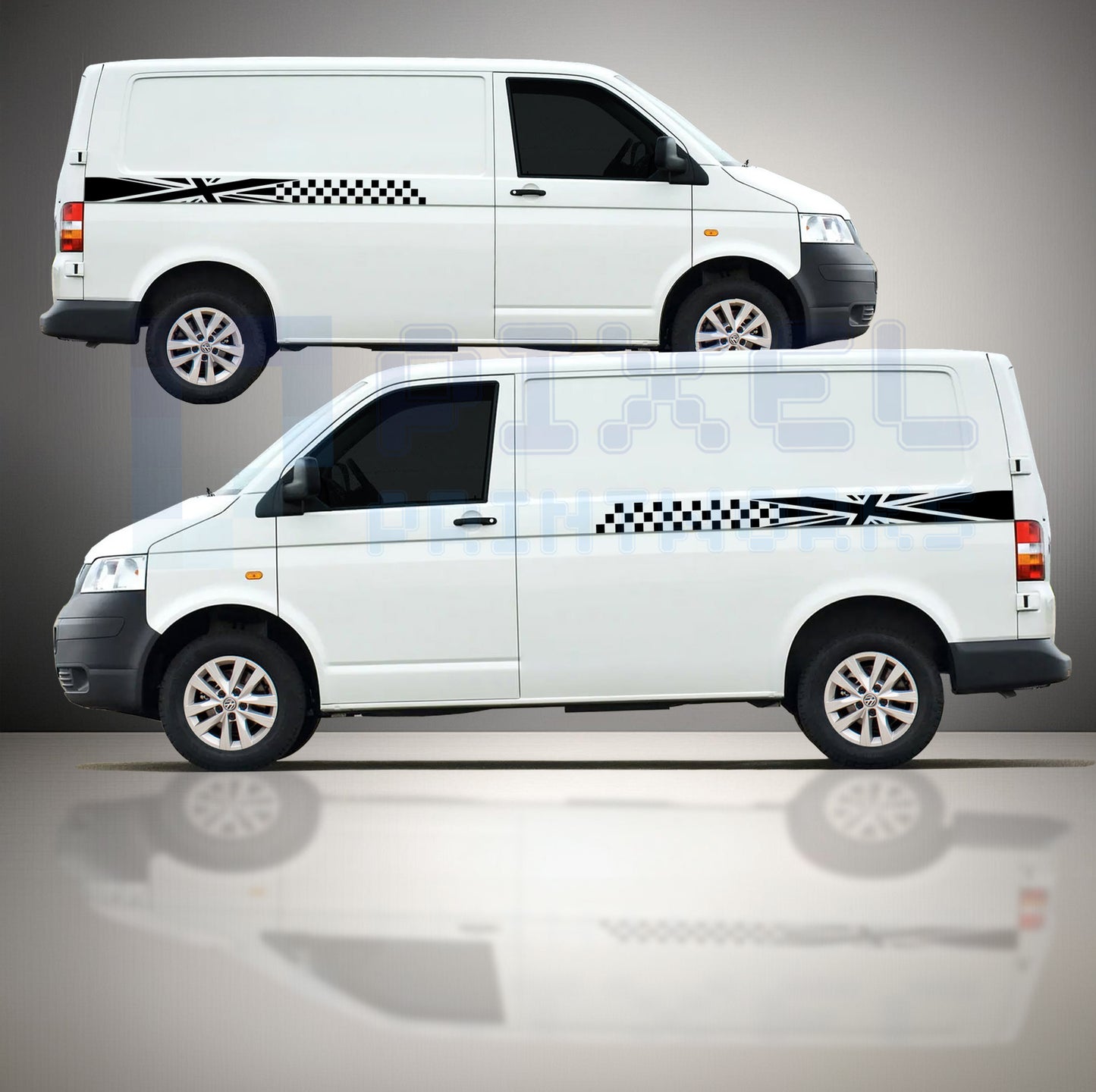 VW Transporter T4 T5 T6 Union Jack checkered side stripe decals fitted along mid door section showing bold patriotic motorsport styling