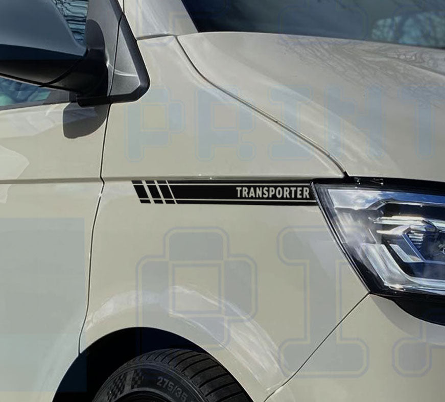VW Transporter T5 T6 front wing stripe decals with TRANSPORTER text and angled detailing positioned above wheel arch for factory inspired styling