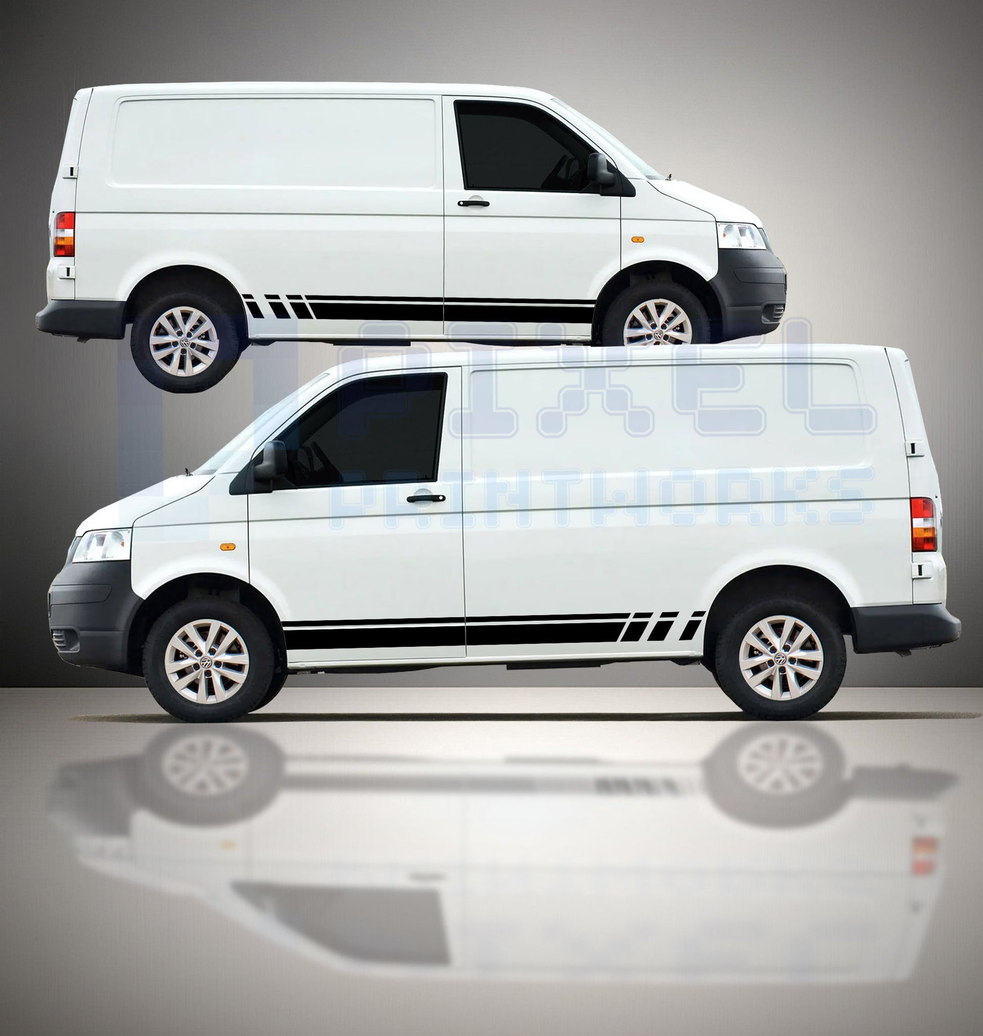 VW Transporter T4 T5 T6 large stuttered side stripe decals fitted to van showing bold motorsport inspired stepped rear design