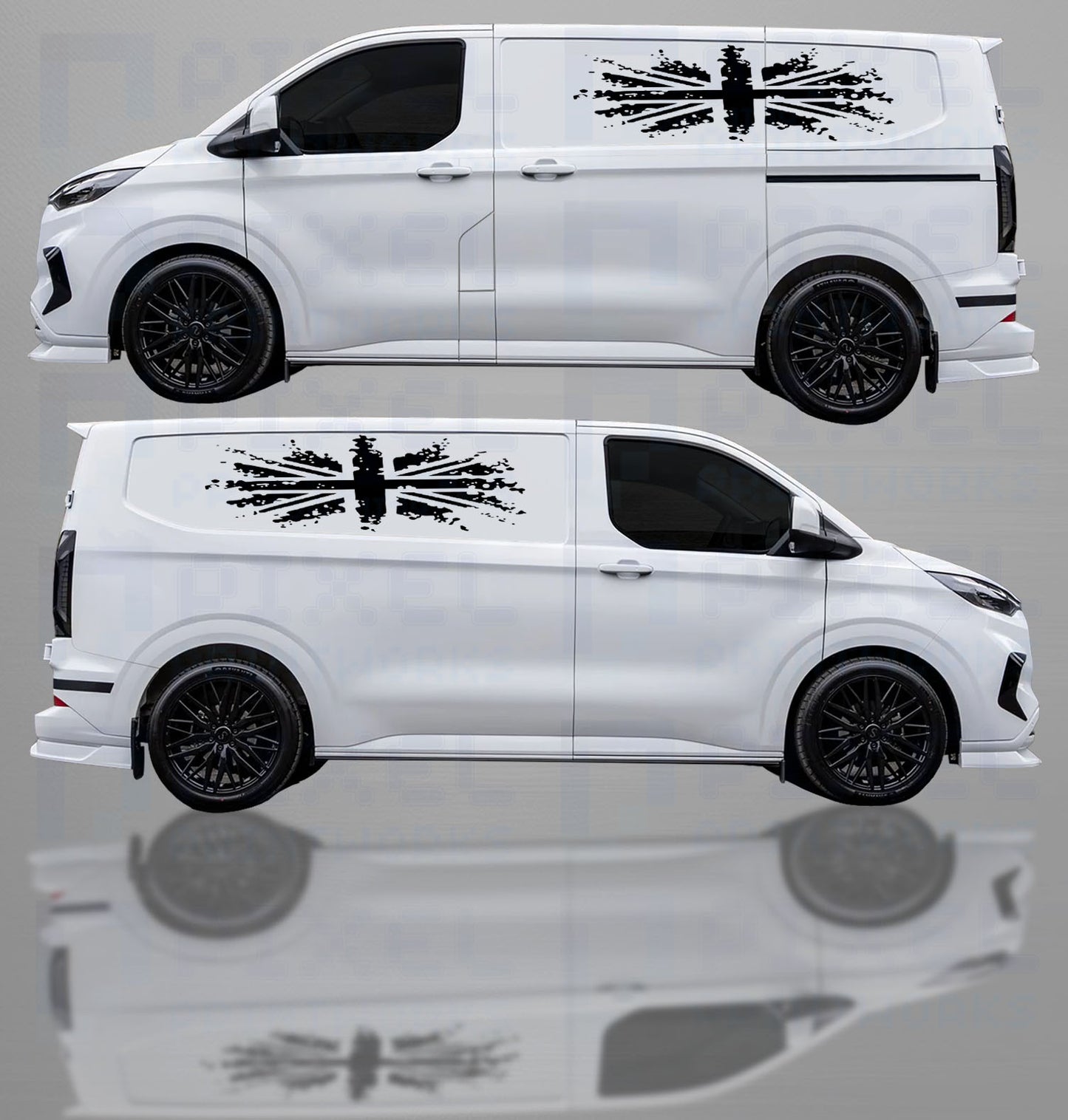 Two views of a white van with black decal designs on a gray background