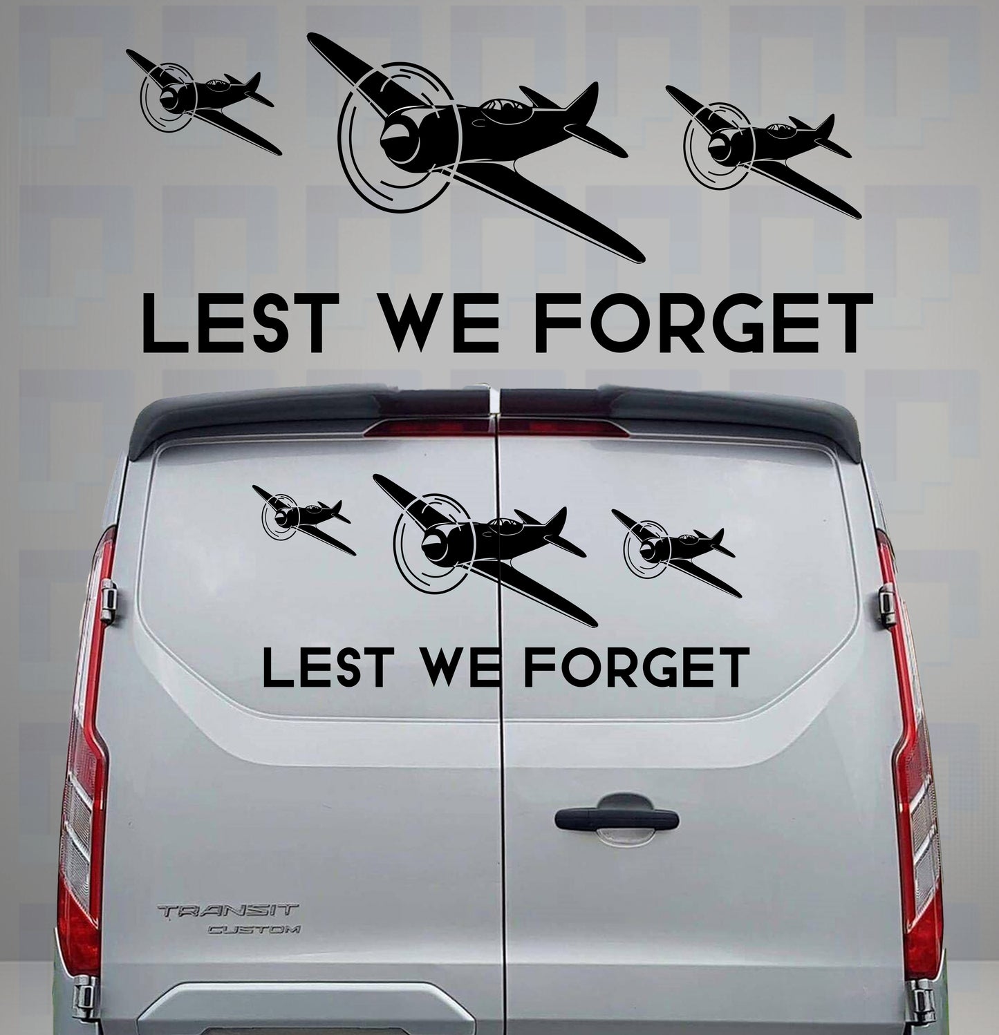 Lest We Forget 3 Planes vinyl decal on rear of a grey van – WW2 memorial vehicle sticker