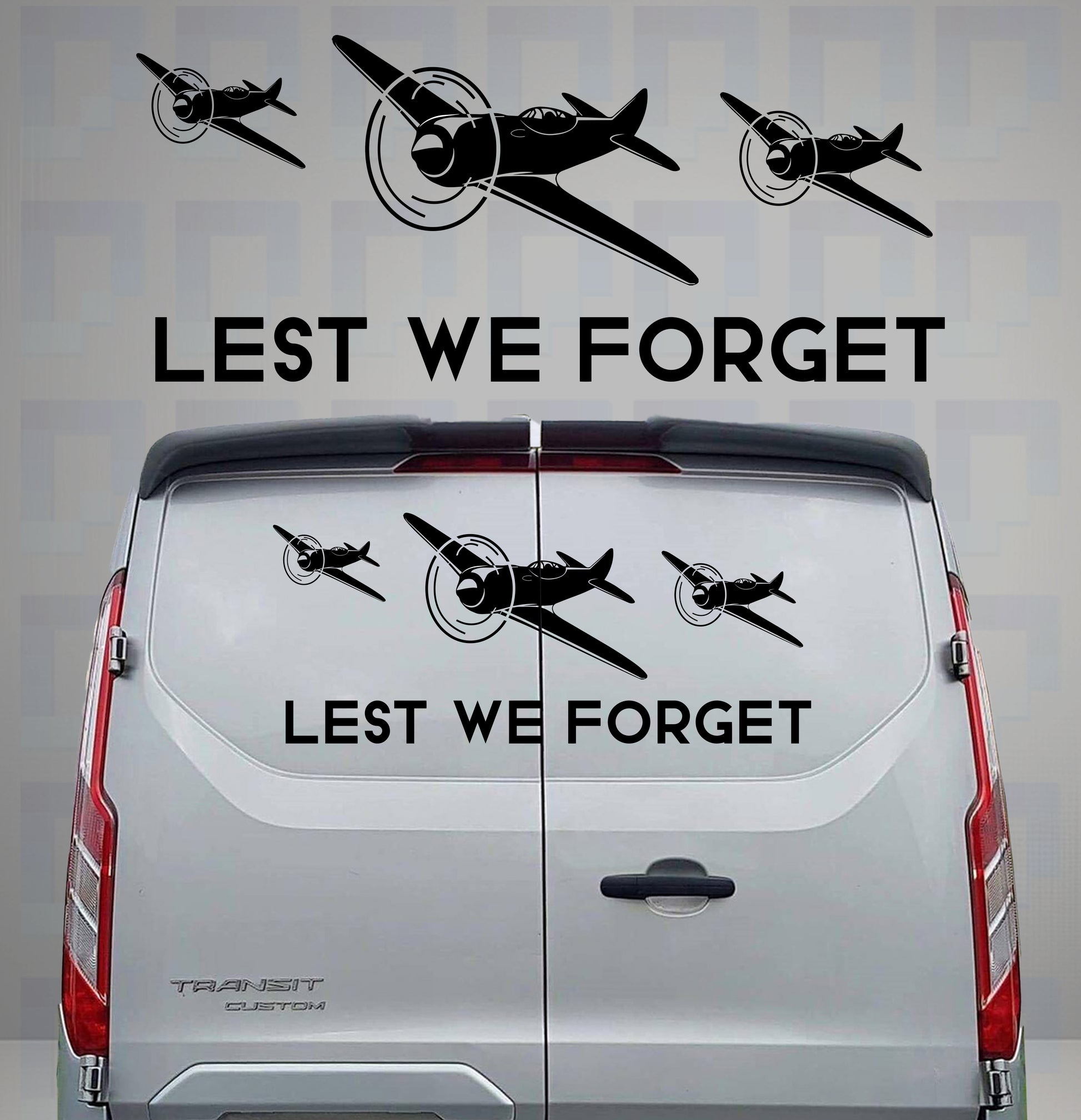 Lest We Forget 3 Planes vinyl decal on rear of a grey van – WW2 memorial vehicle sticker