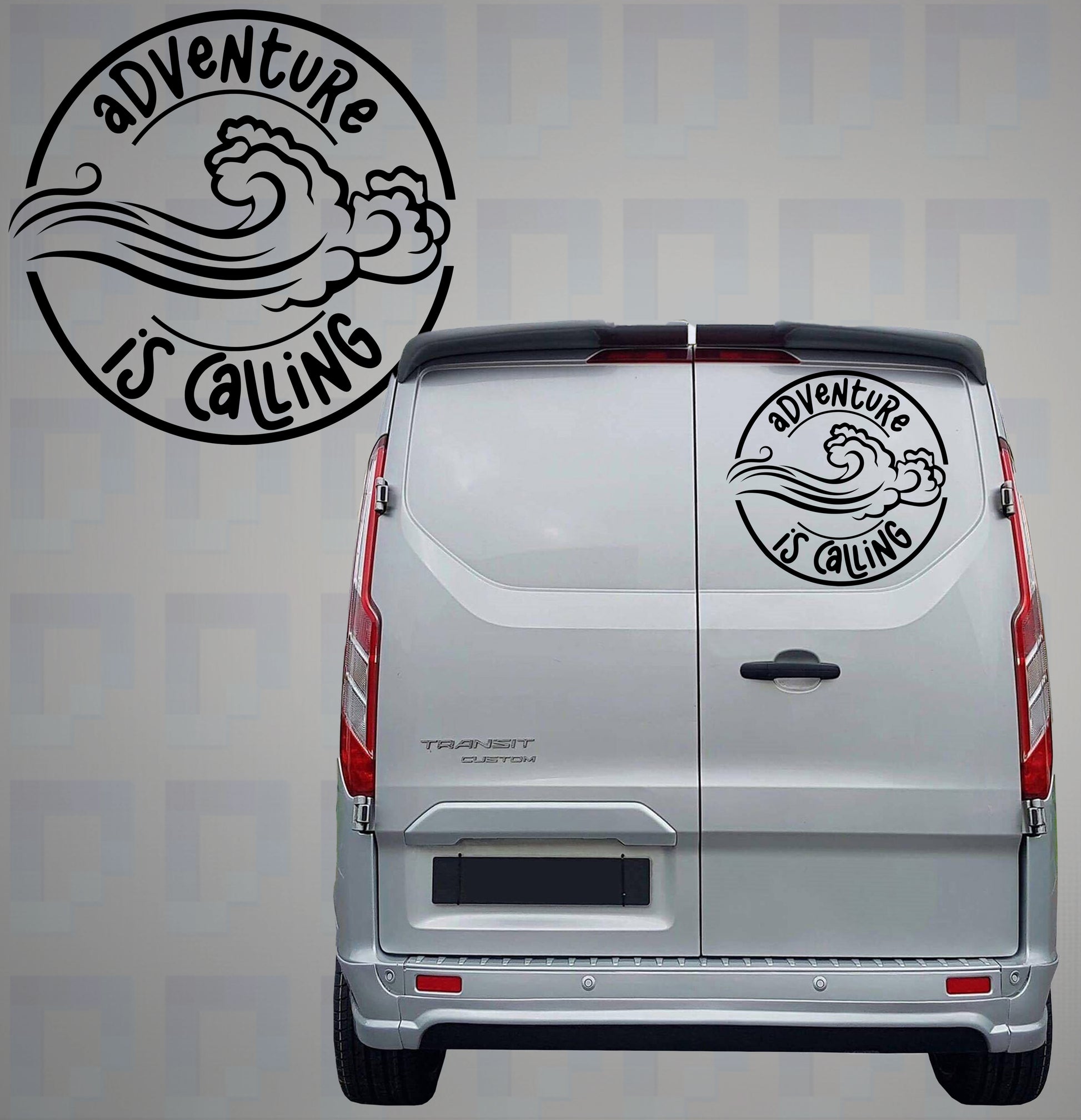 Adventure Is Calling ocean wave vinyl decal applied to rear of campervan by Pixel Printworks