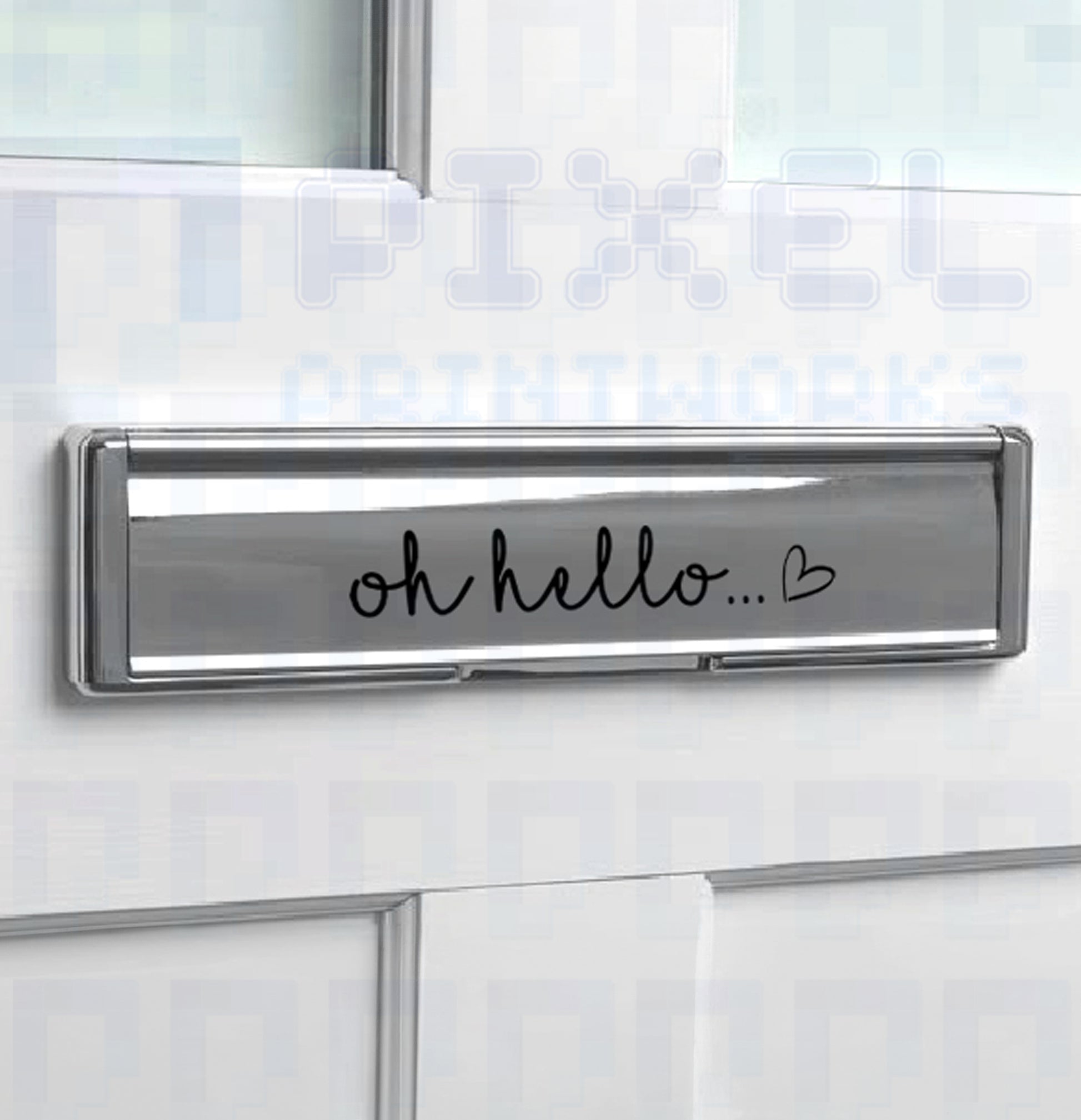 Oh Hello vinyl sticker with heart design applied to a chrome letterbox on a white front door
