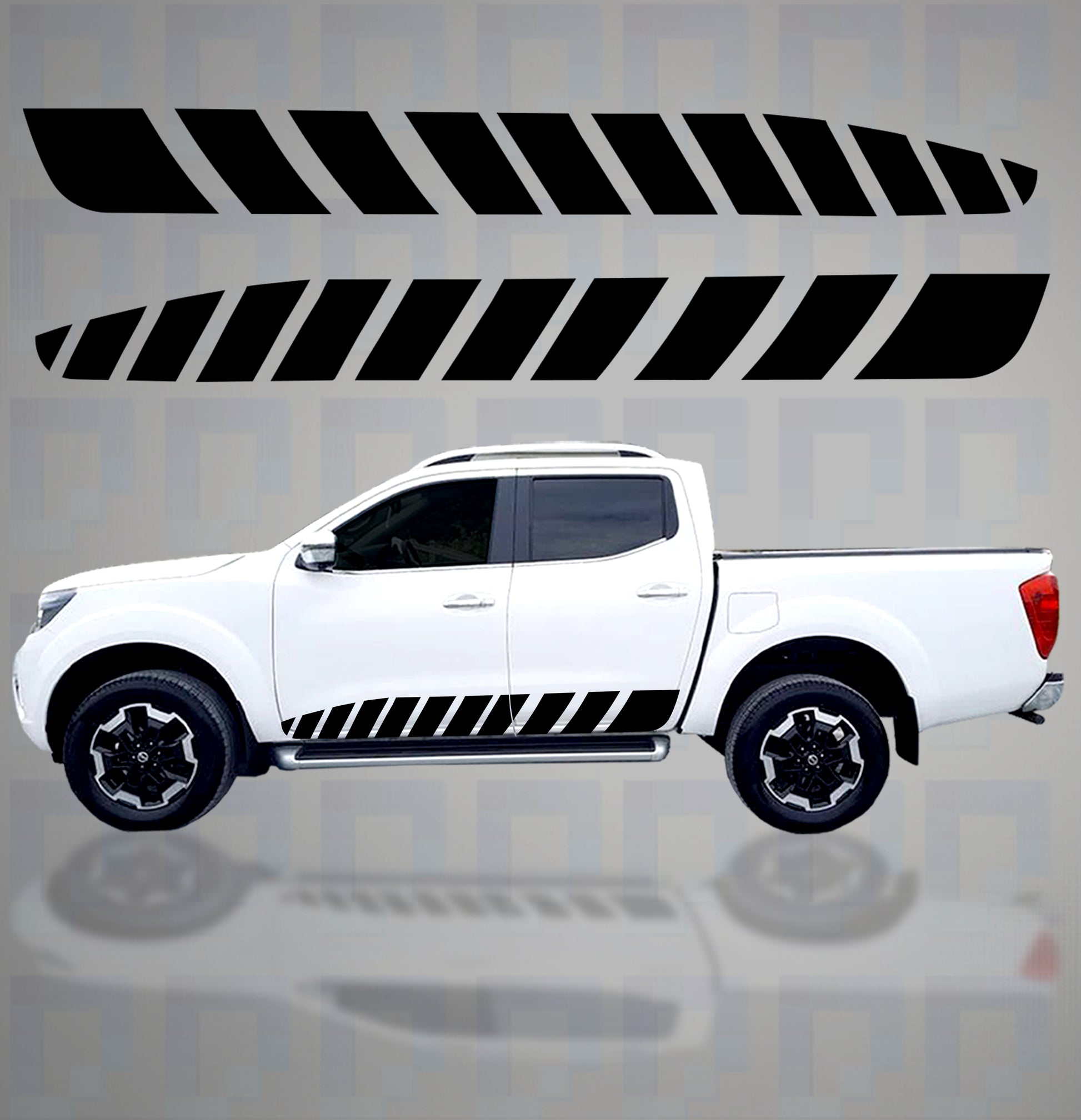 Stuttered stripe vinyl decals on Nissan Navara D23 – black side graphics kit by Pixel Printworks