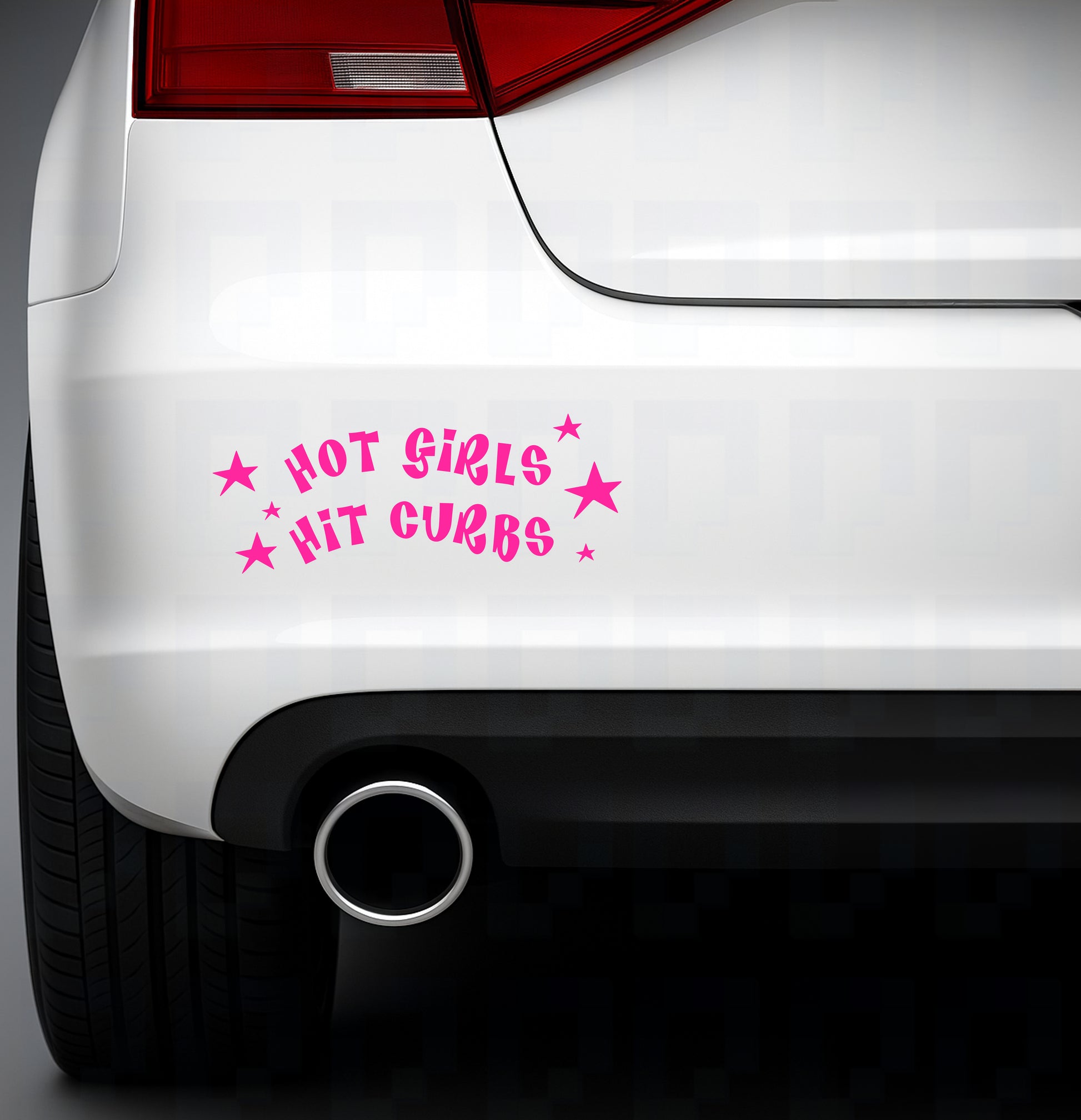 Hot Girls Hit Curbs pink vinyl bumper sticker with playful font and stars applied to white car rear