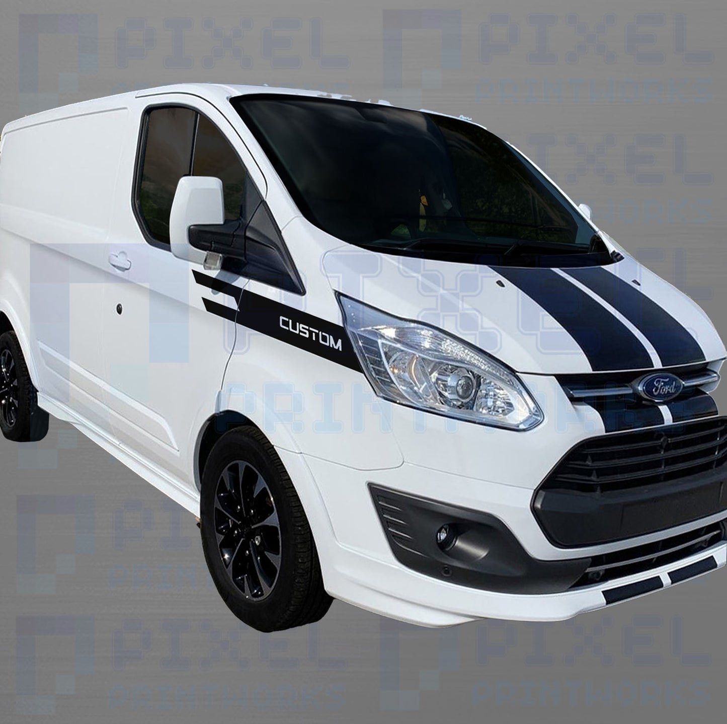 White Ford van with black stripes and 'Custom' text on a gray background