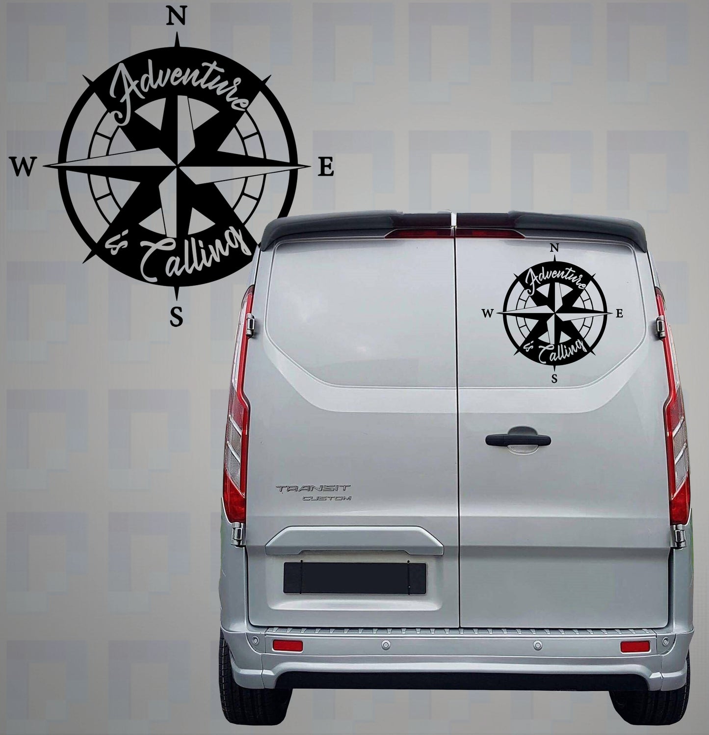 Adventure Is Calling compass vinyl decal on rear of campervan by Pixel Printworks