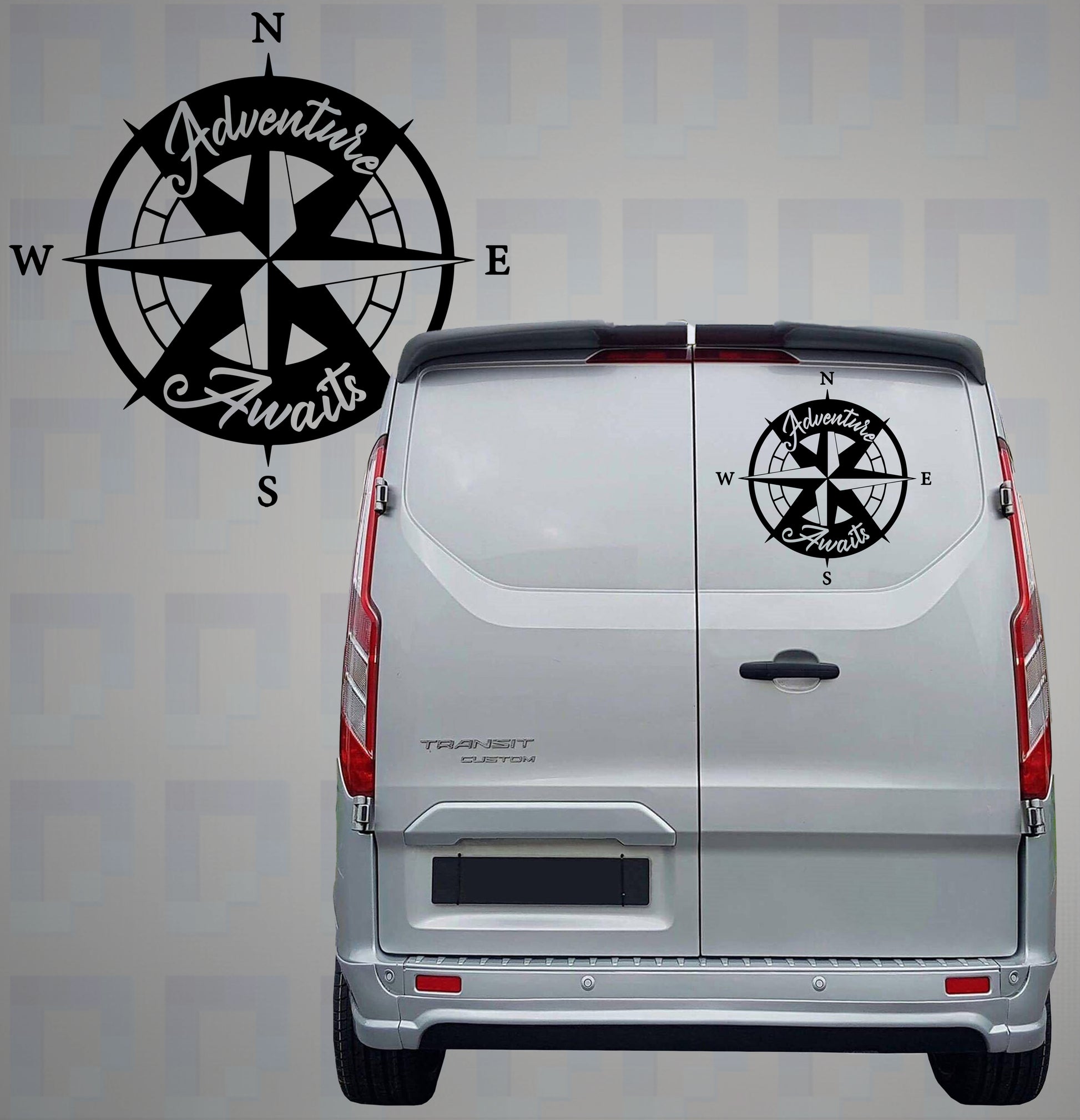 Adventure Awaits compass decal applied to rear of grey campervan by Pixel Printworks