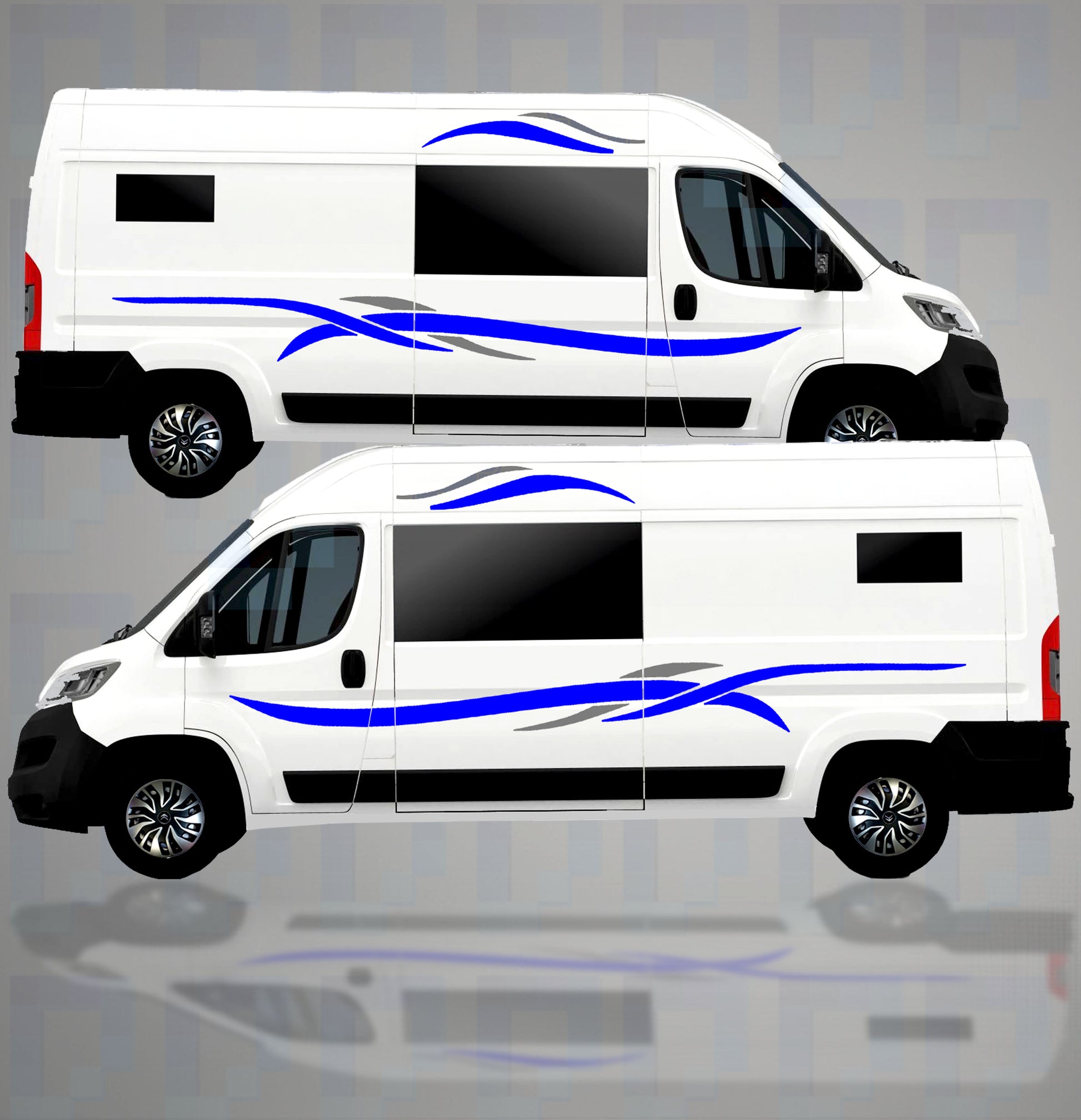 LWB camper van with blue and grey triple wave stripe vinyl decal kit applied to both sides