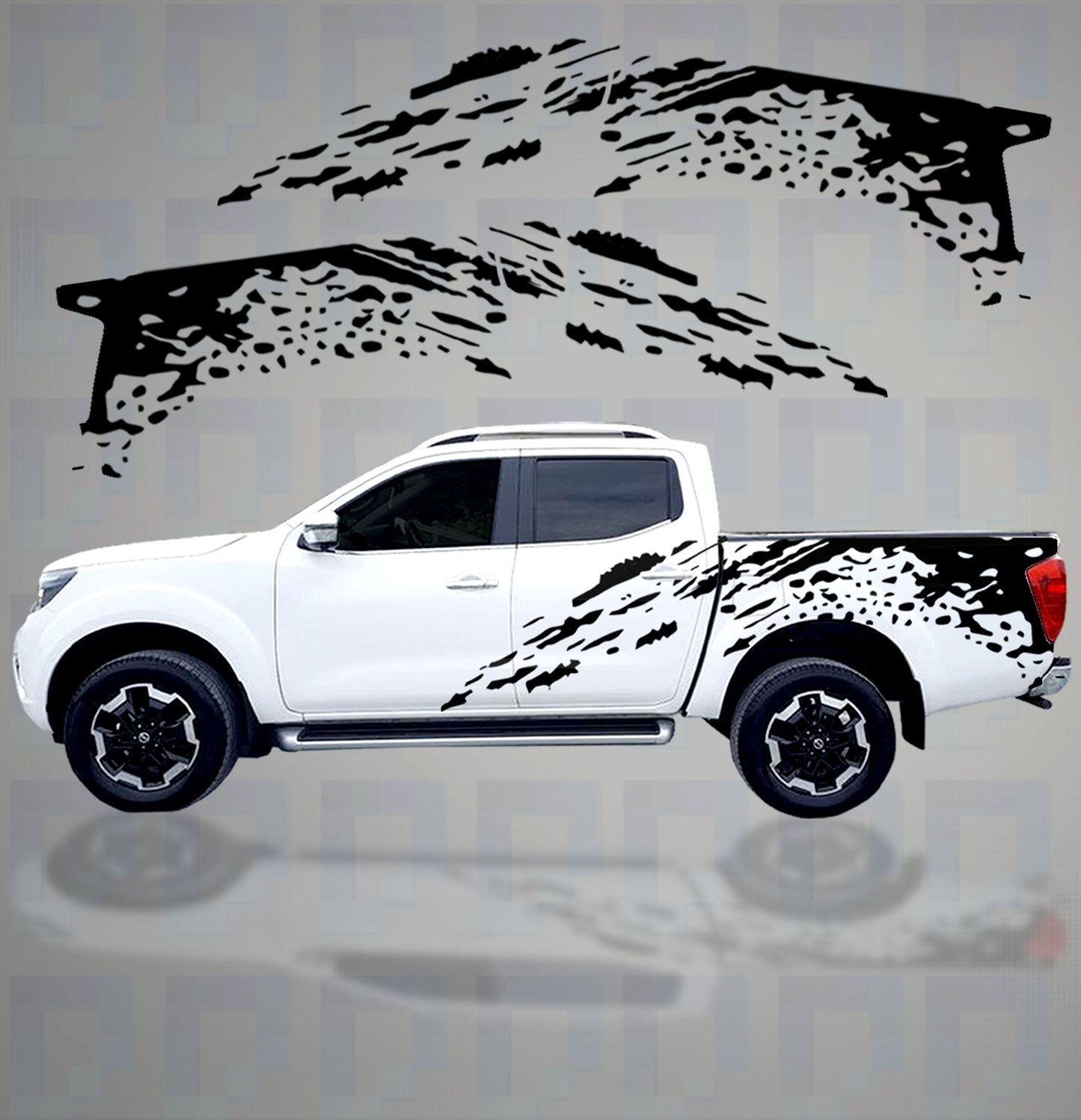 Mudslinger XL full side decal kit for Nissan Navara D23 pickup in black by Pixel Printworks