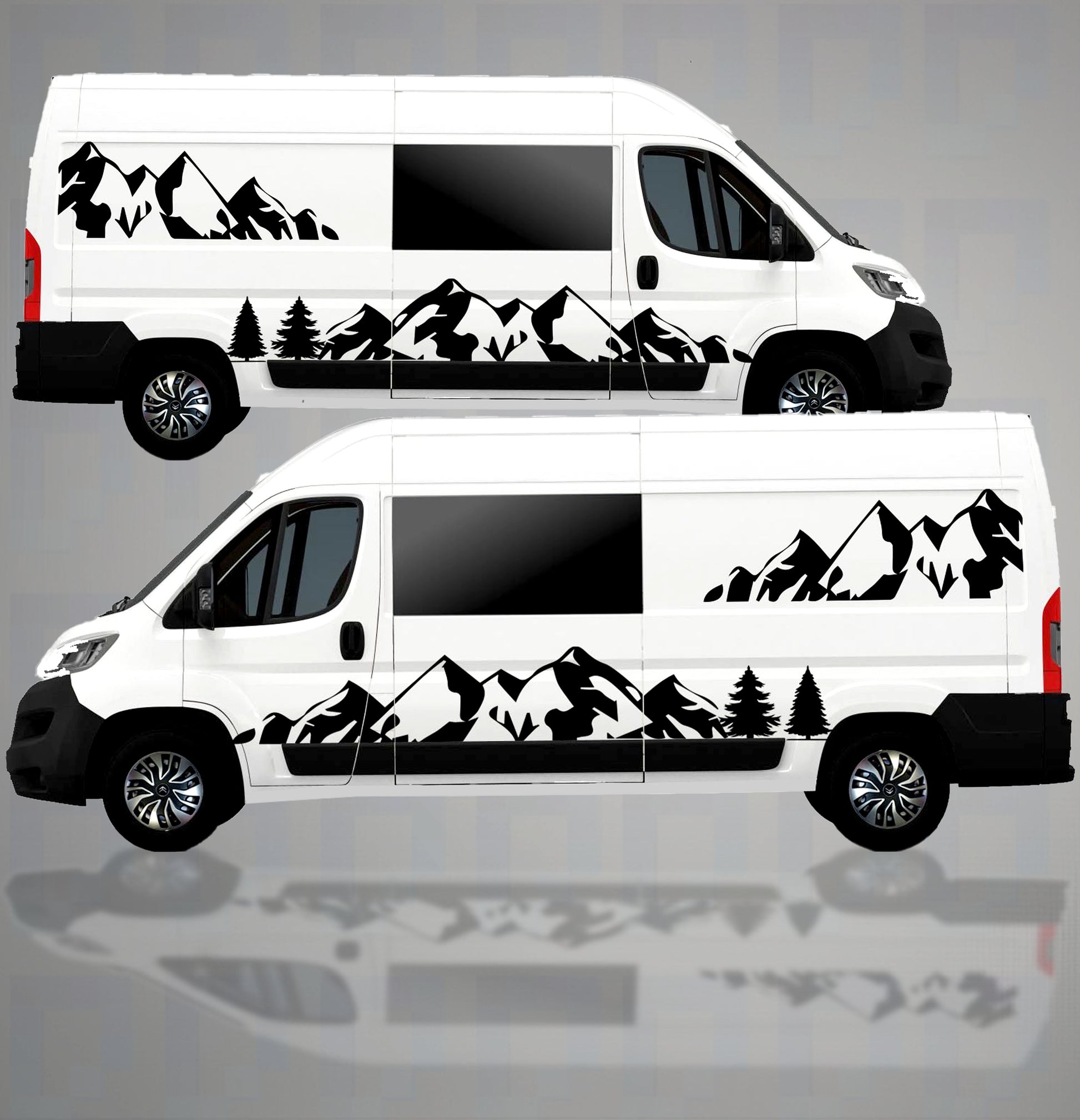 LWB van with 4-piece mountain landscape vinyl decals applied to both sides – scenic wrap kit