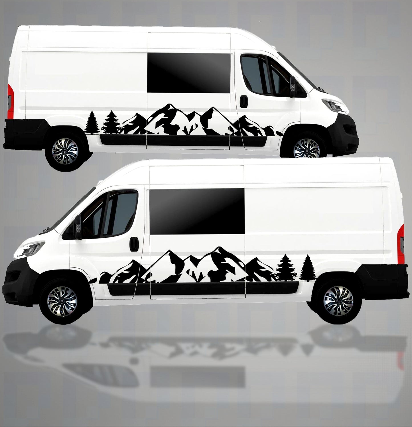 Full-length mountain and tree vinyl decal on long wheel base campervan – side view graphic kit