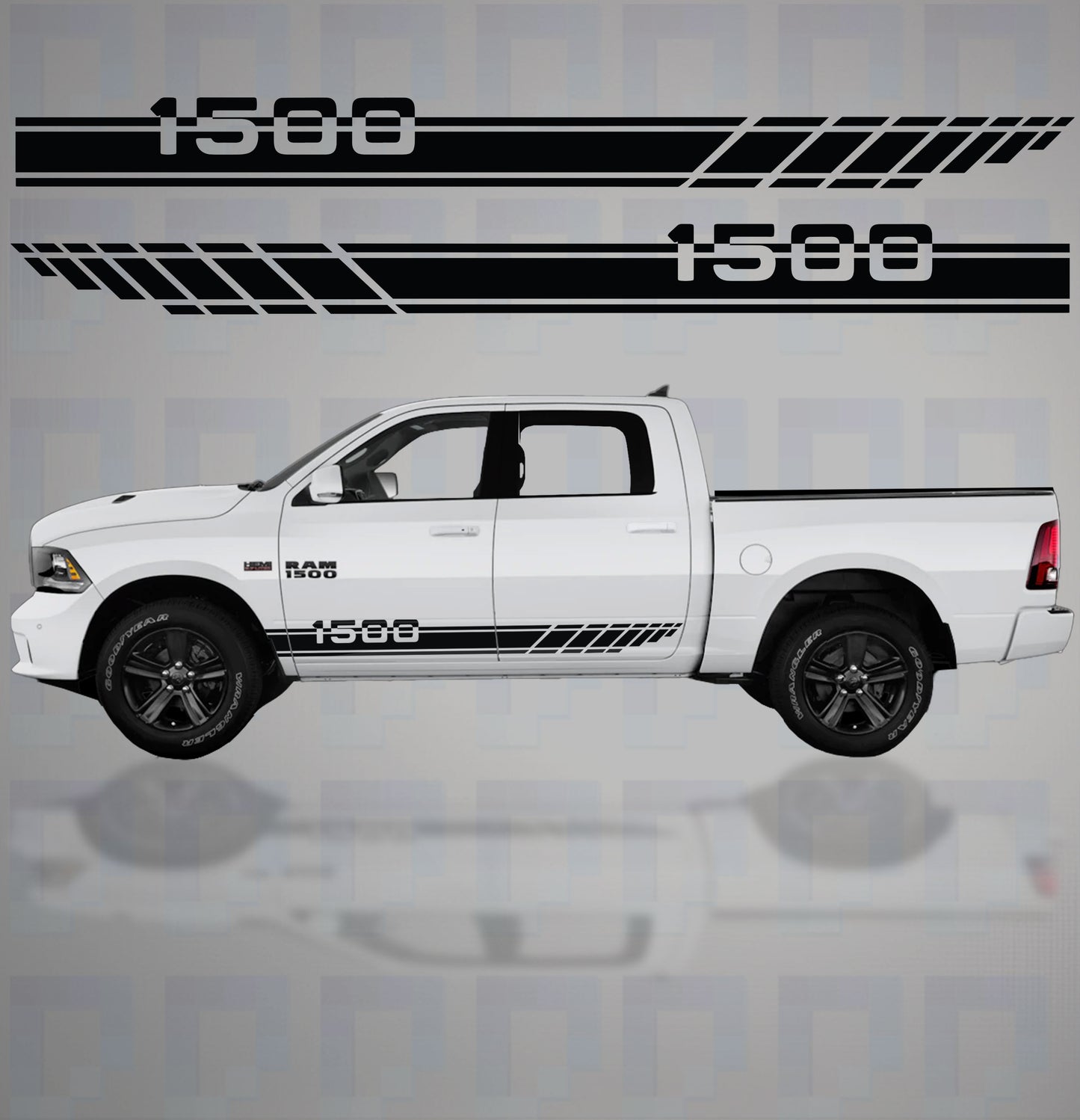 1500 Side Stripe Vinyl Decals installed on Dodge Ram 1500 – sleek black side graphics with bold 1500 numbering