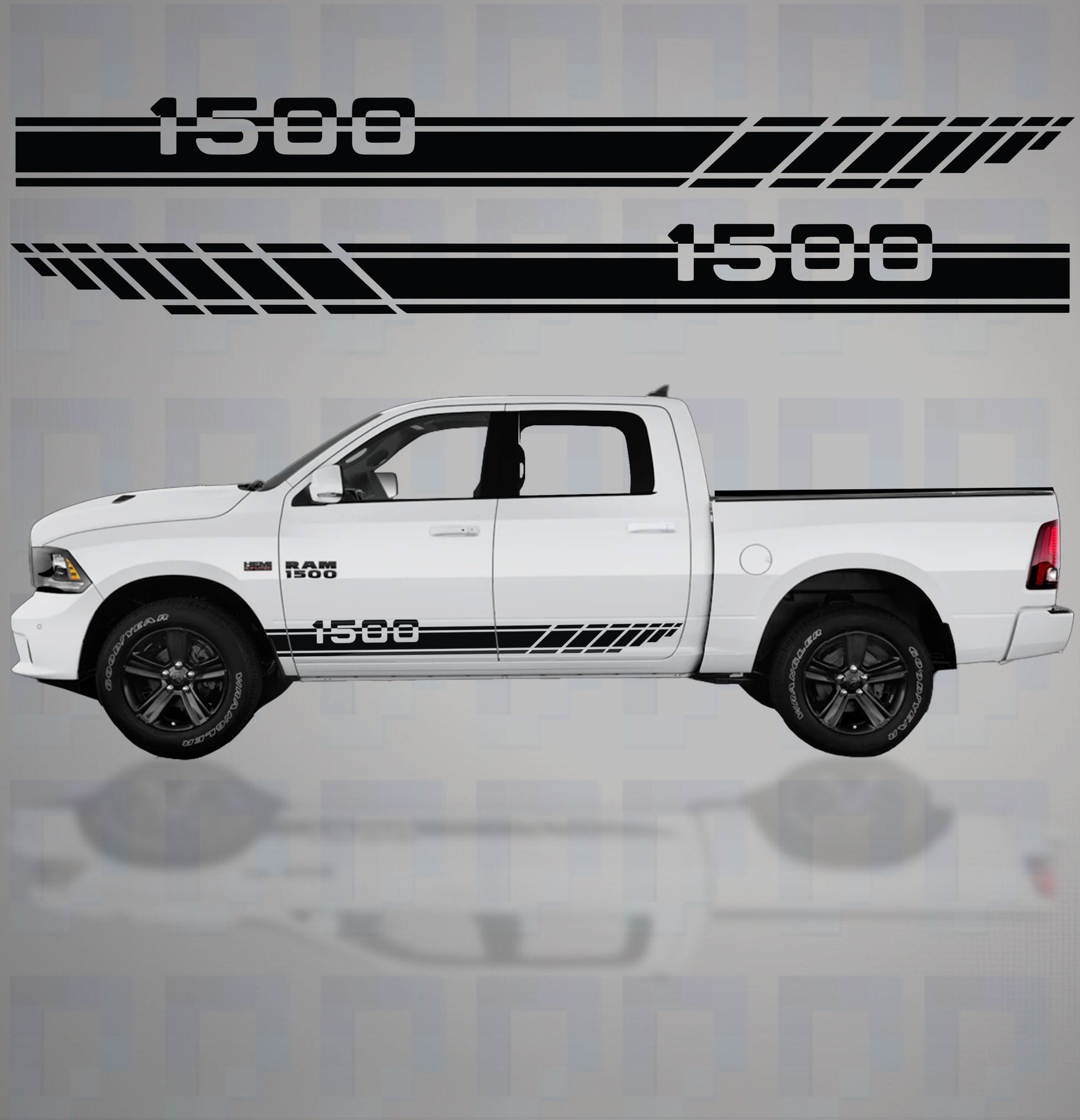 1500 Side Stripe Vinyl Decals installed on Dodge Ram 1500 – sleek black side graphics with bold 1500 numbering