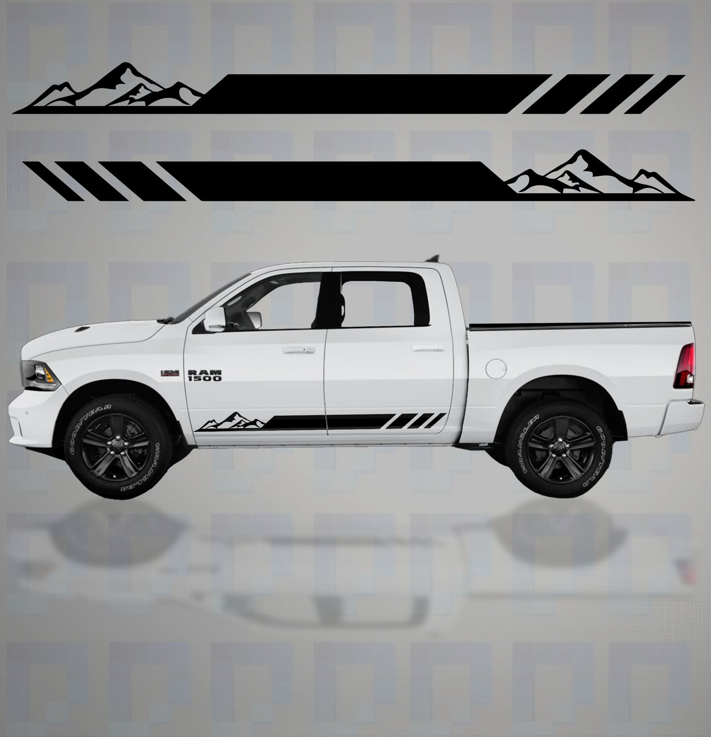 Mountain landscape vinyl decals on Dodge Ram 1500 side – outdoor graphic stripes for off-road style