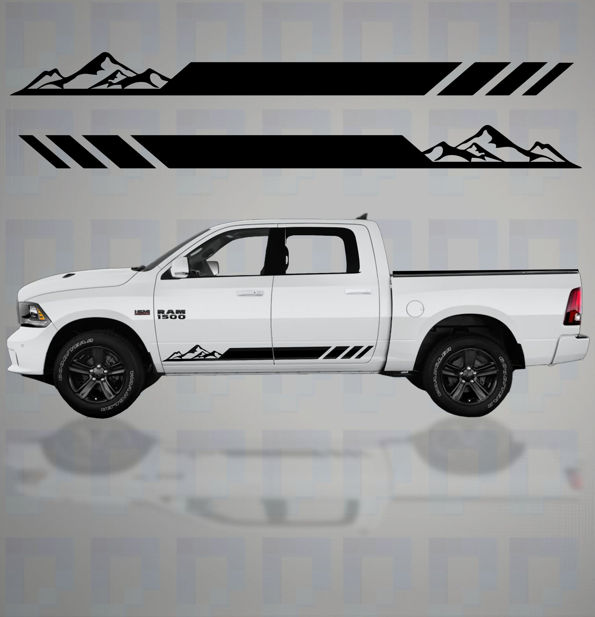 Mountain landscape vinyl decals on Dodge Ram 1500 side – outdoor graphic stripes for off-road style