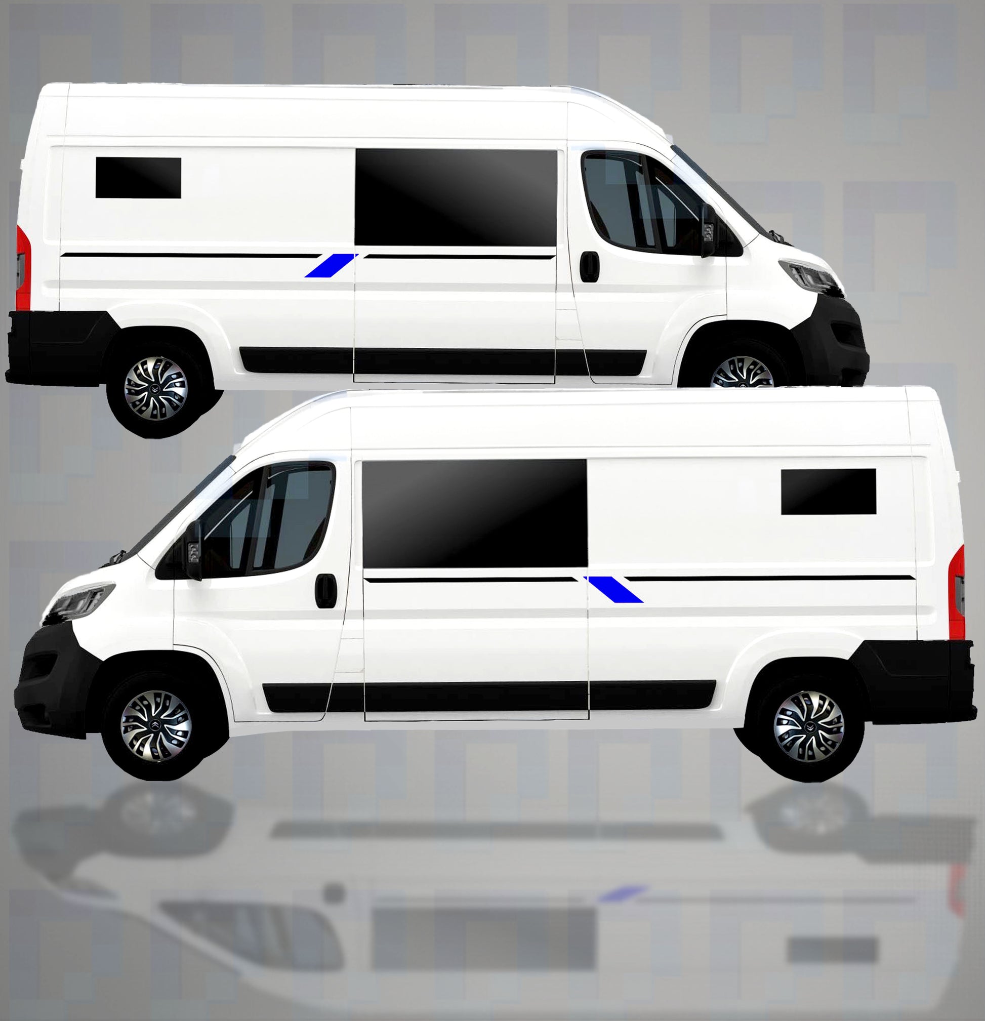 LWB camper van with thin black stripe and blue accent vinyl decal kit by Pixel Printworks