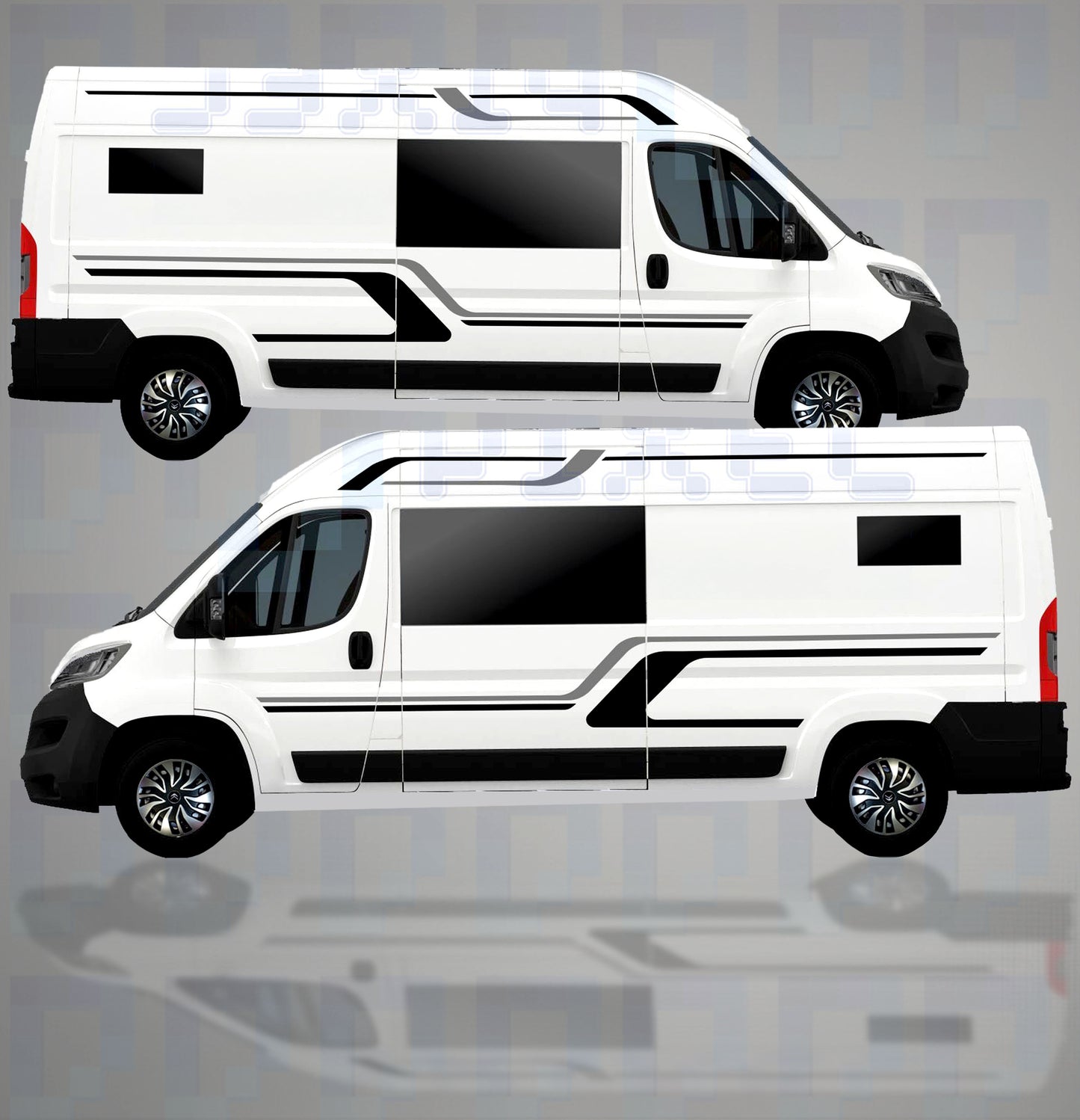 LWB camper van with black and grey modern stripe vinyl graphics kit by Pixel Printworks