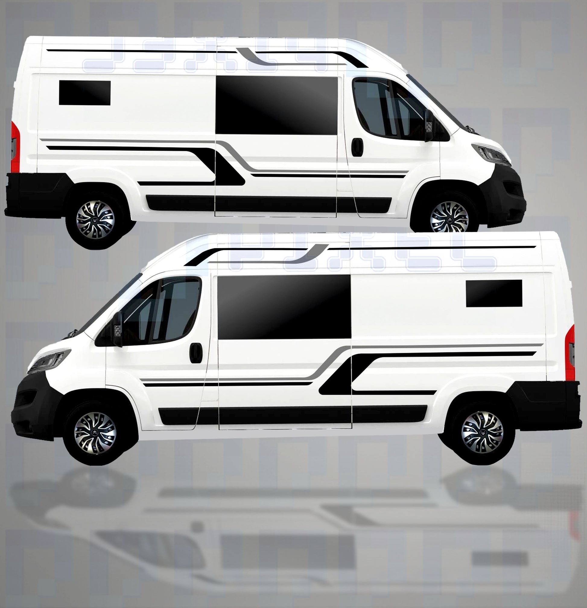 LWB camper van with black and grey modern stripe vinyl graphics kit by Pixel Printworks