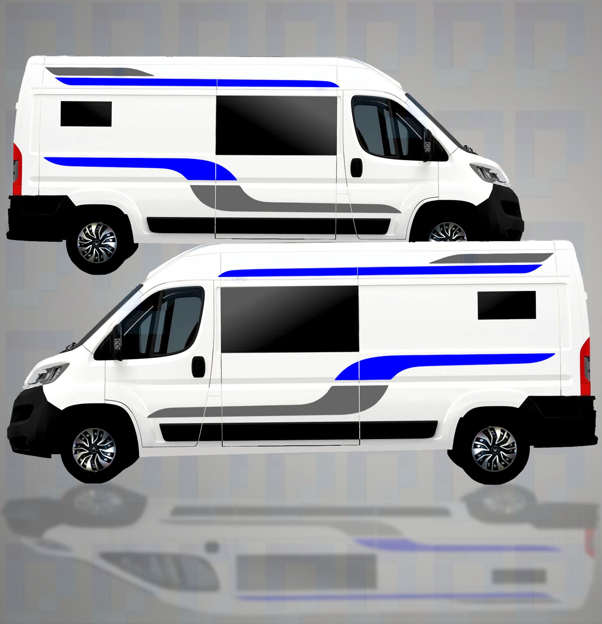 LWB camper van with two-tone blue and grey vinyl decal kit applied to both sides