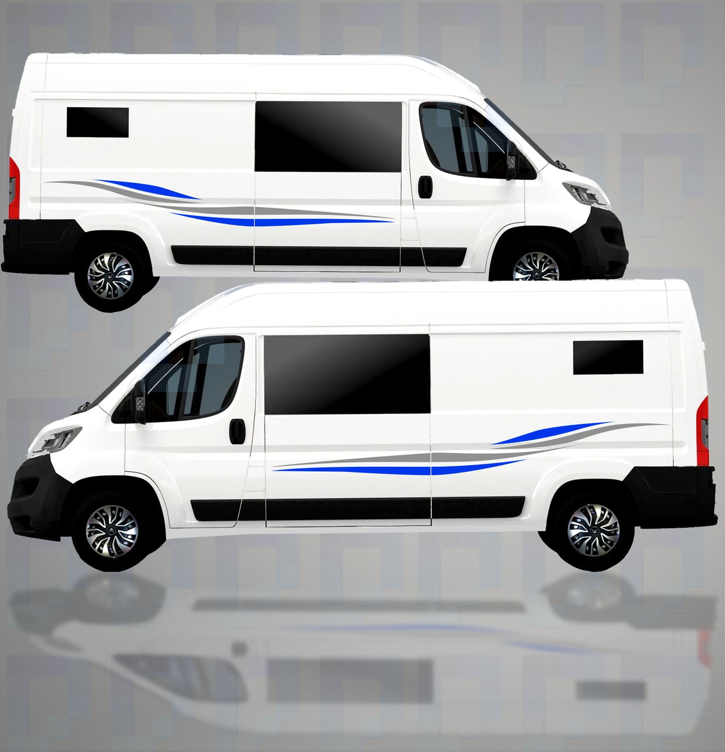LWB camper van with simple two-colour blue and grey wave-style vinyl decals by Pixel Printworks