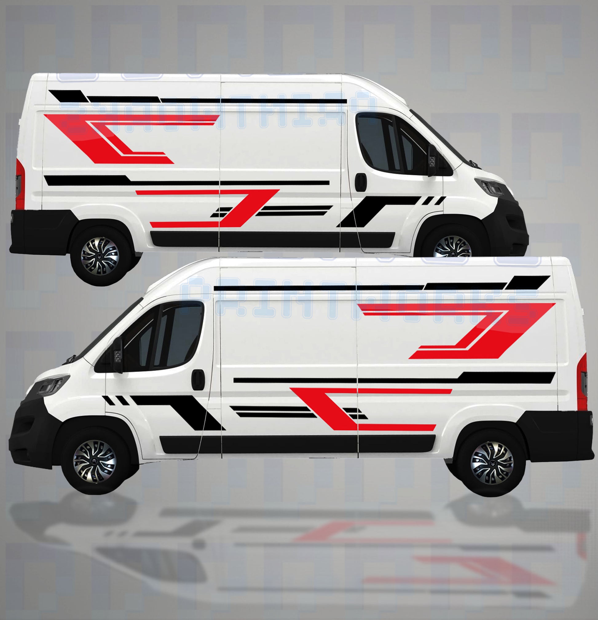 LWB camper van with 10-piece vinyl graphics kit applied to both sides in a dynamic modern design