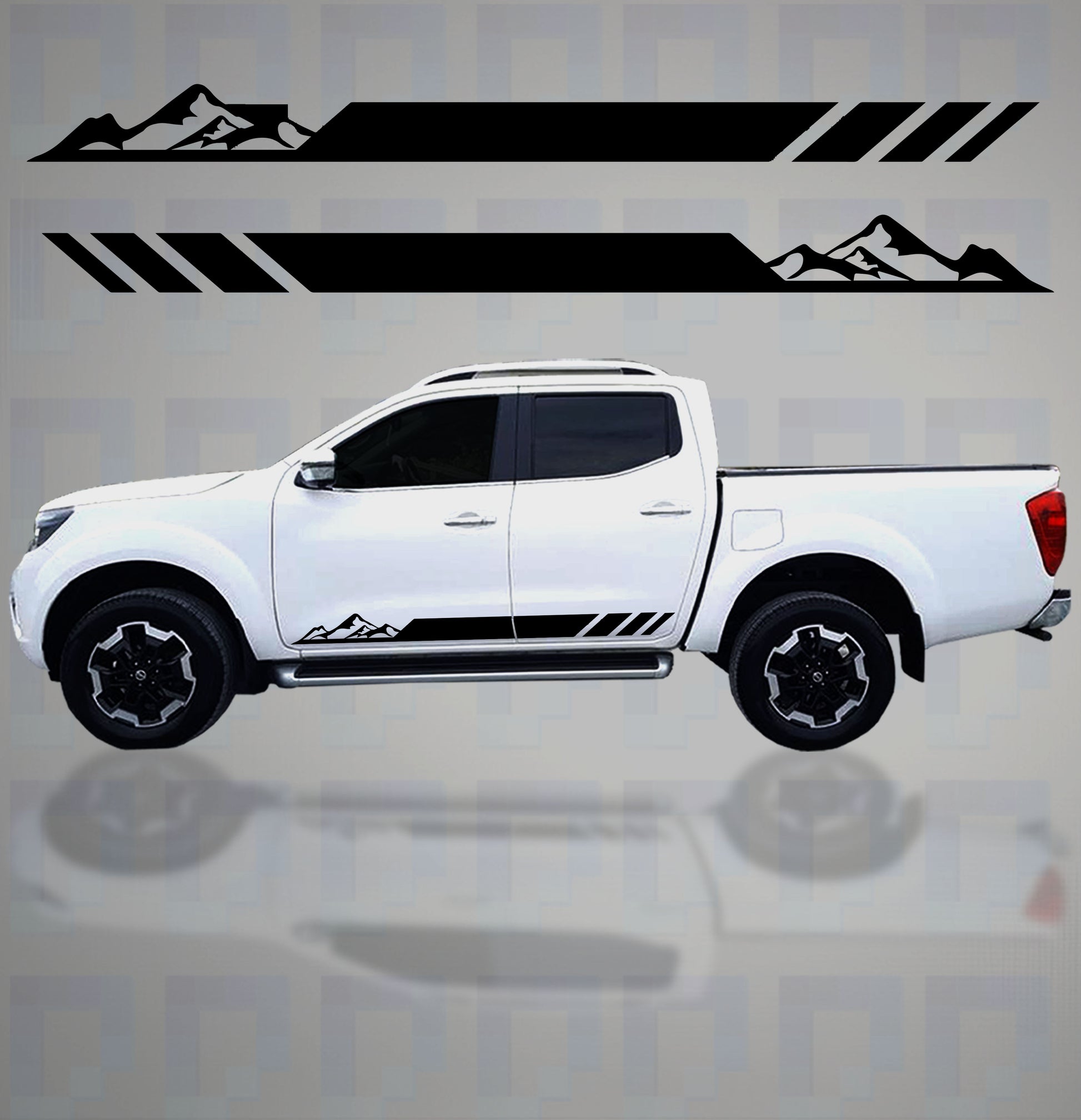 Mountains-themed side stripe decals on Nissan Navara D23 pickup – vinyl graphics by Pixel Printworks