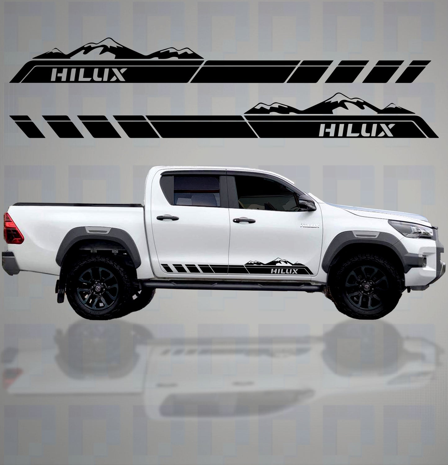 Toyota Hilux with rugged mountain side stripe decals in black by Pixel Printworks
