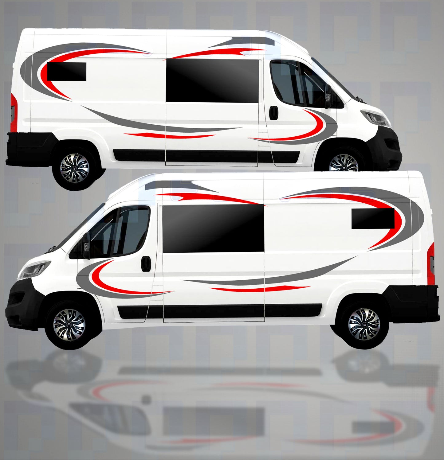 LWB camper with red and grey semi-circle vinyl decals from Pixel Printworks applied on both sides